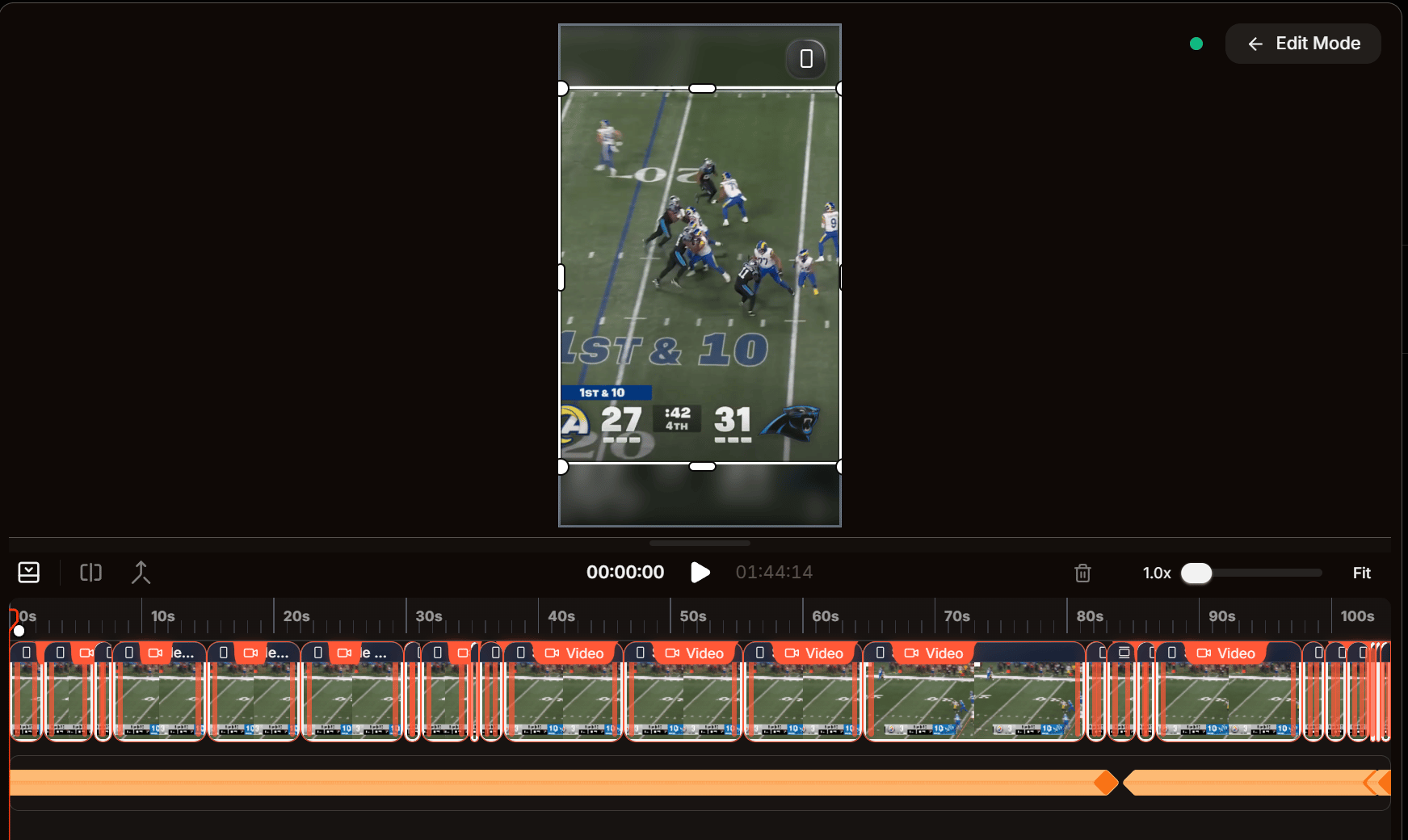 Reframe editor in Studio showing the preview, timeline, and Scene Mode panel