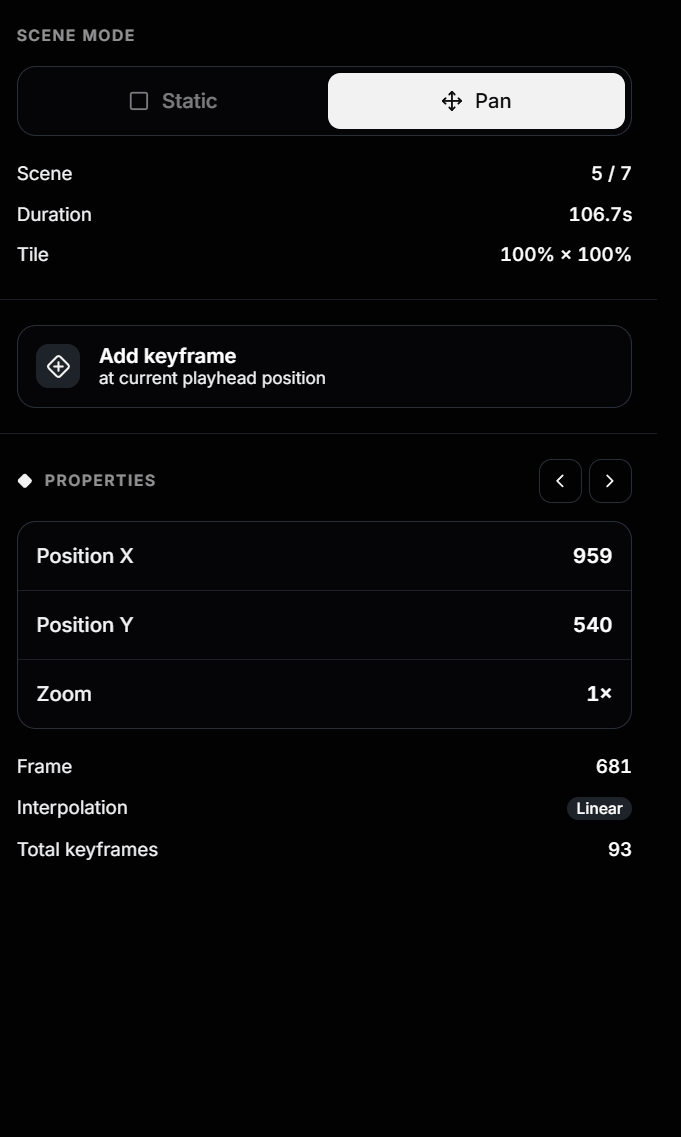 Scene Mode toggle set to Pan, with scene info, Add keyframe, and Properties