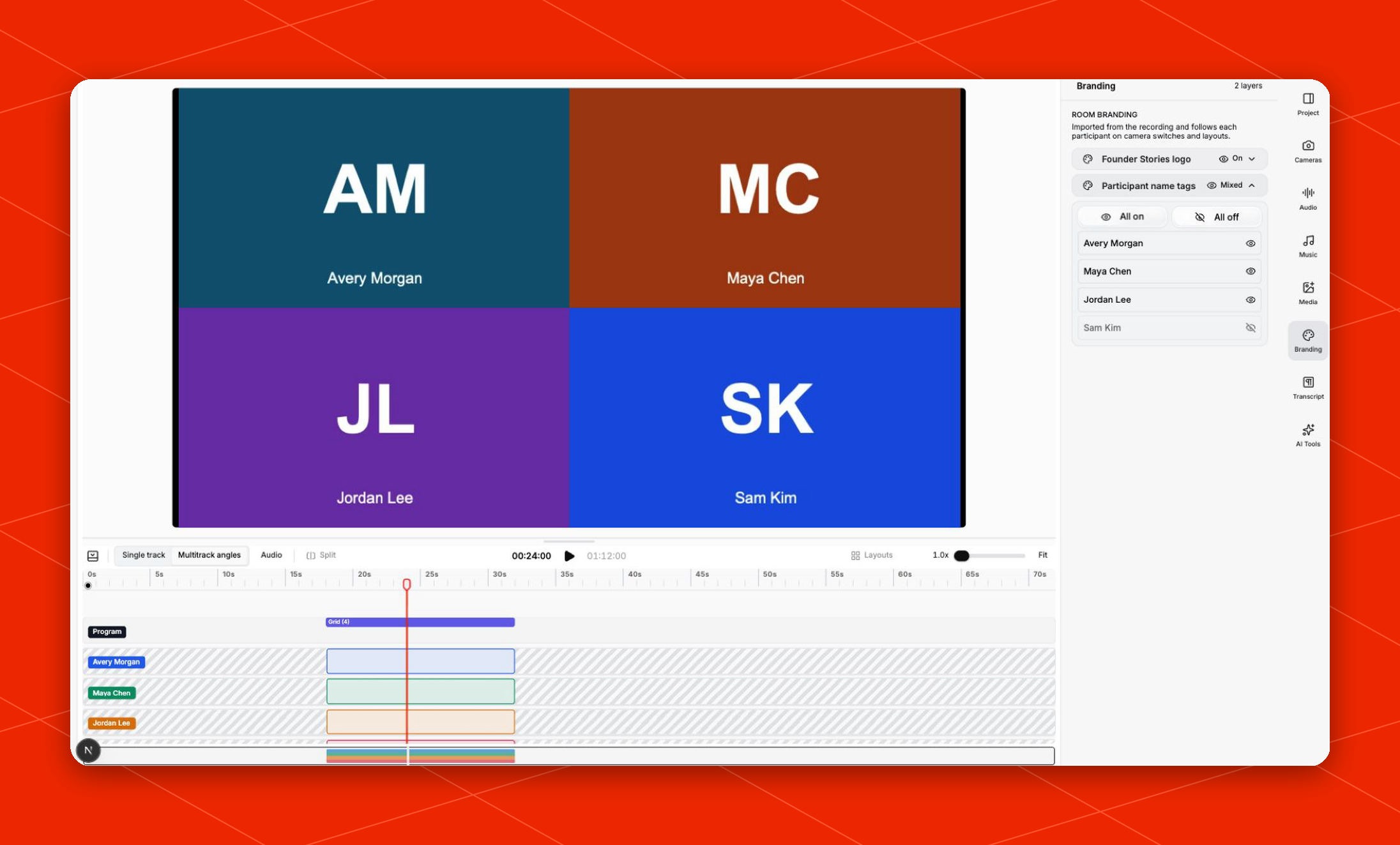 Long-form Studio Branding panel with imported layers and participant visibility controls