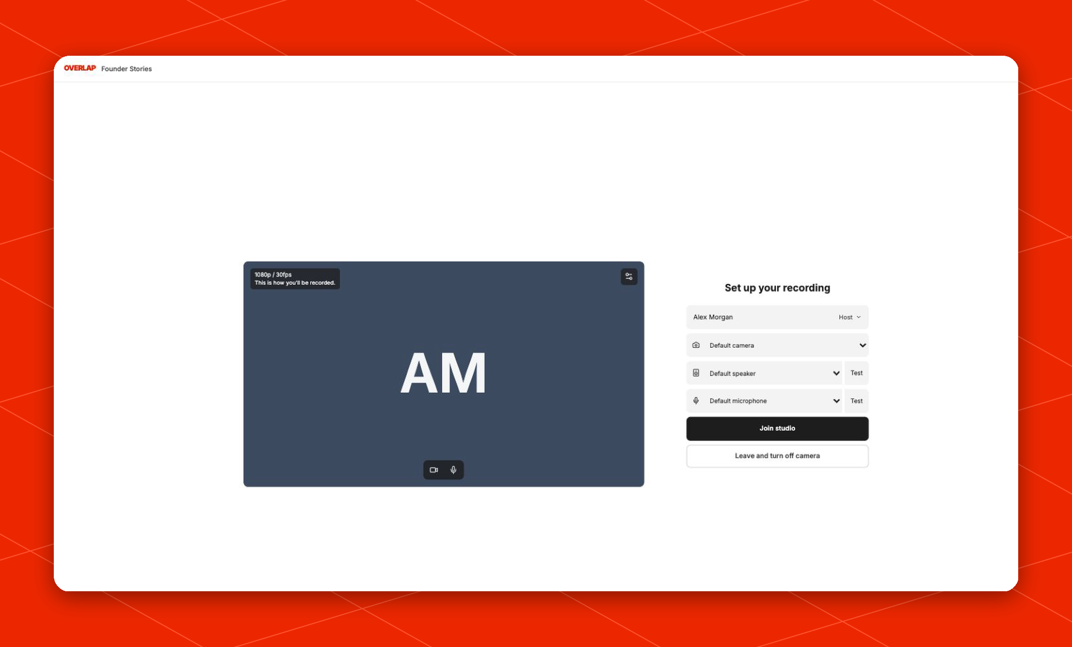 Recording Studio setup screen with camera preview, device selectors, and Join studio button