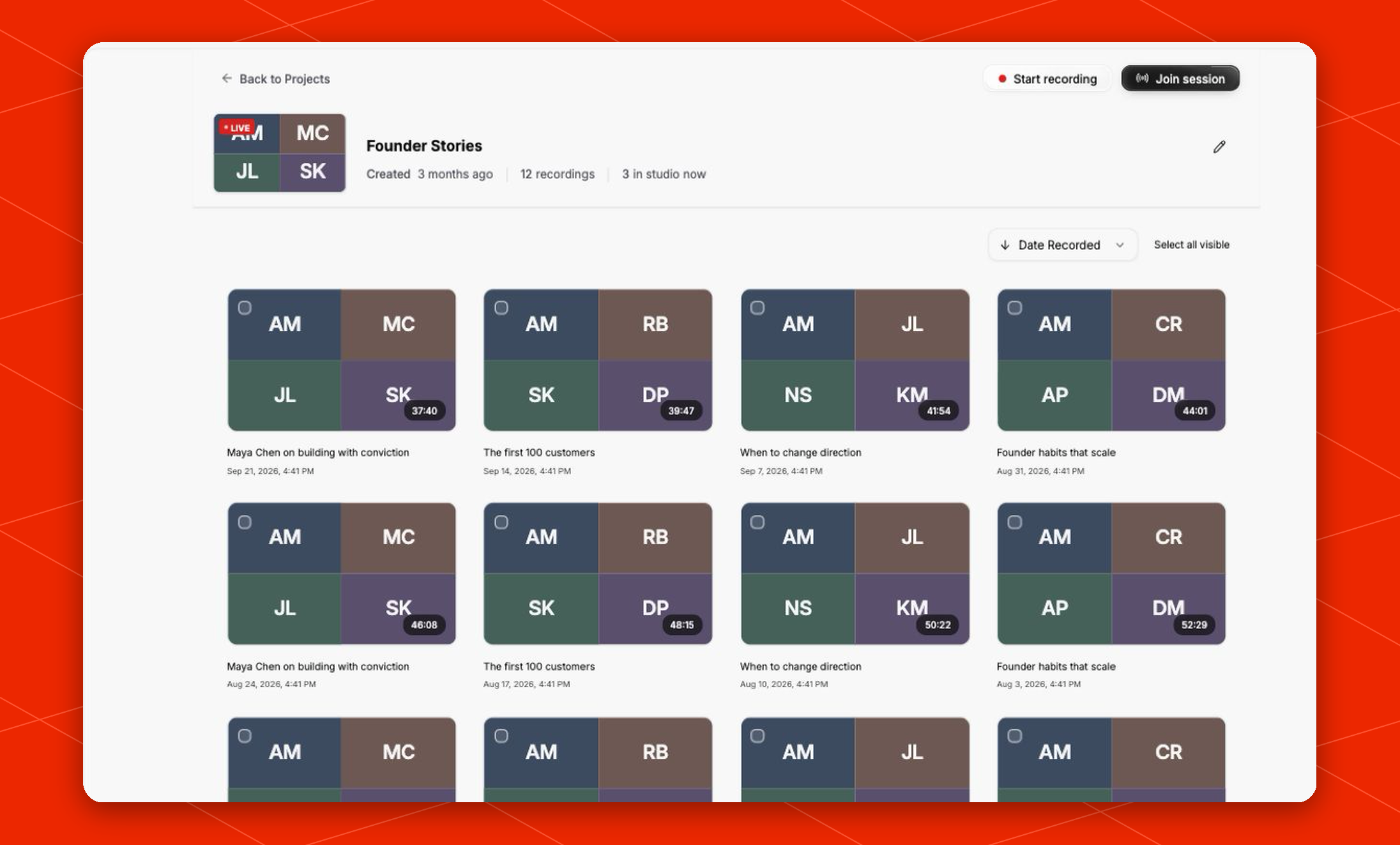 Recording project page with project details and a grid of completed recording sessions