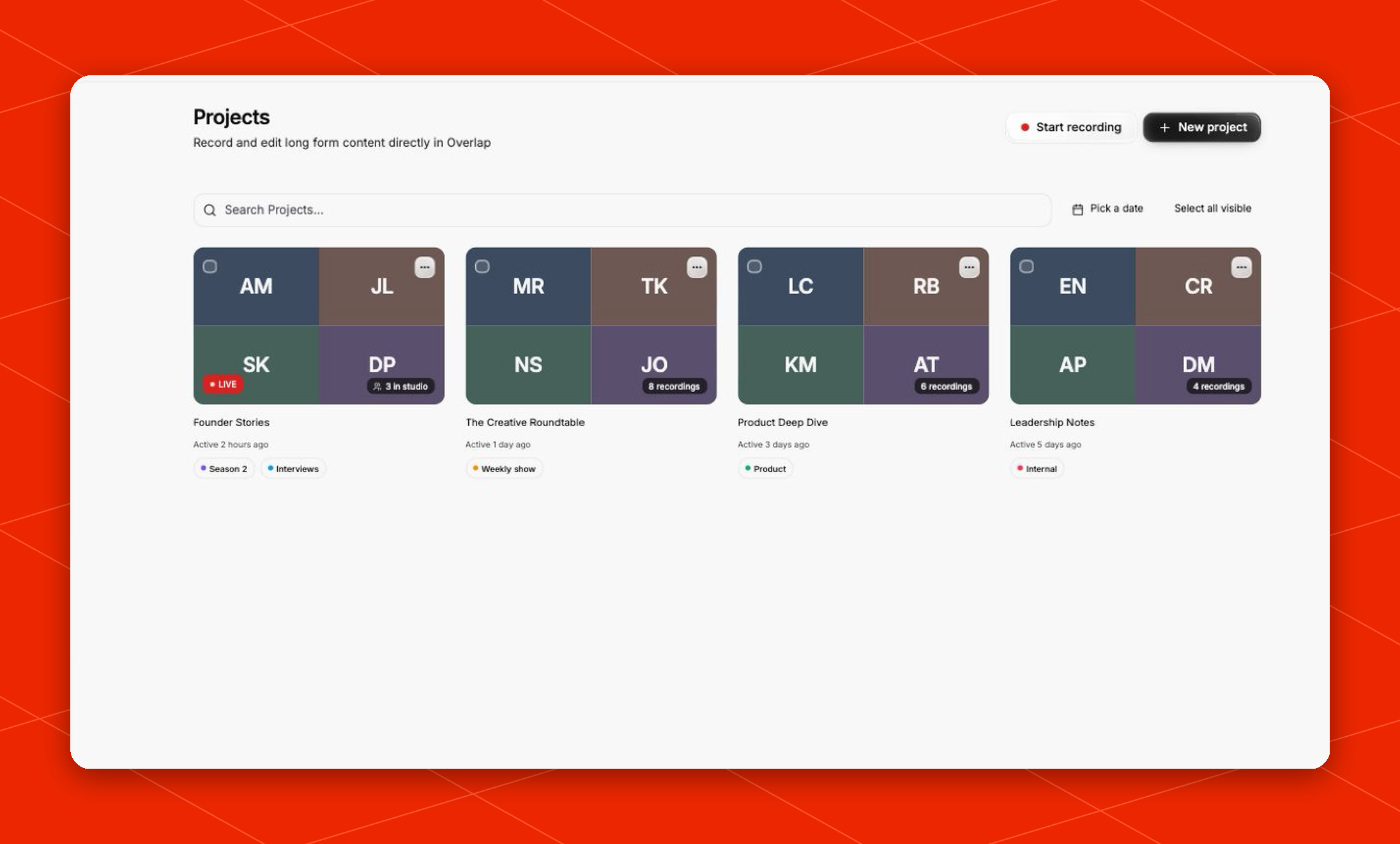 Recording projects grid with live status, participant thumbnails, recording counts, and tags