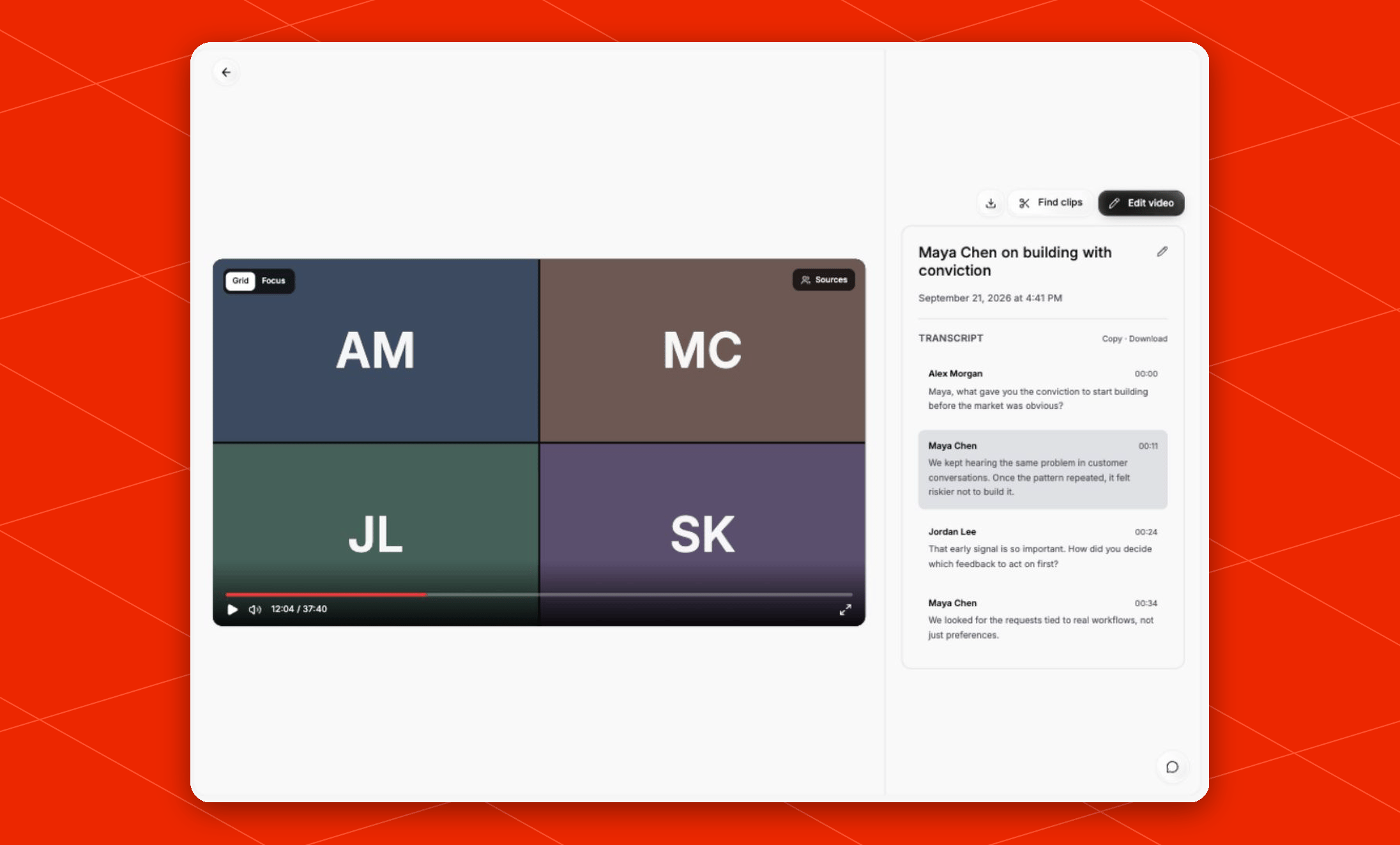 Recording playback page with participant grid, playback controls, actions, and transcript