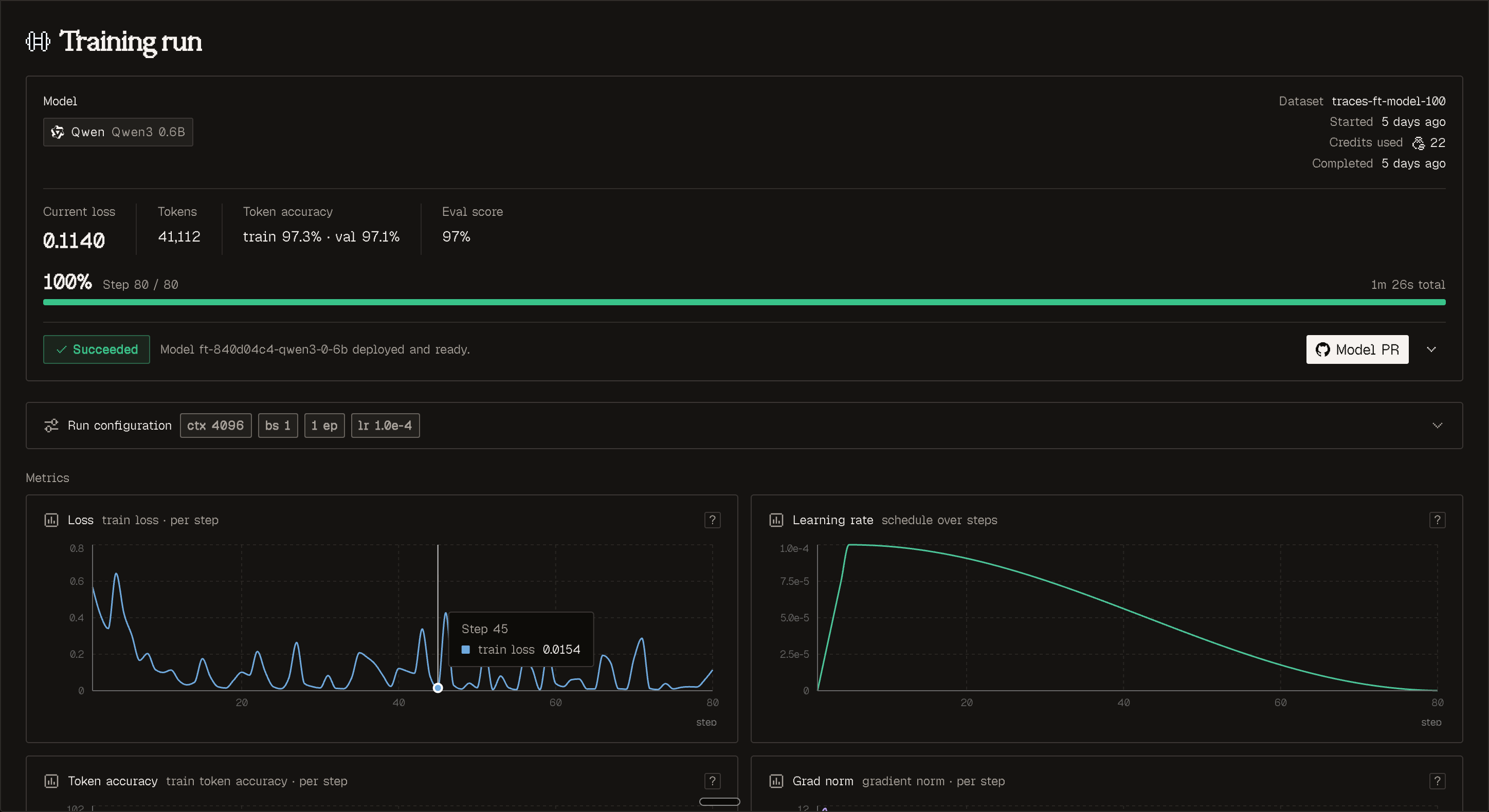 Training run monitor with loss curve and config