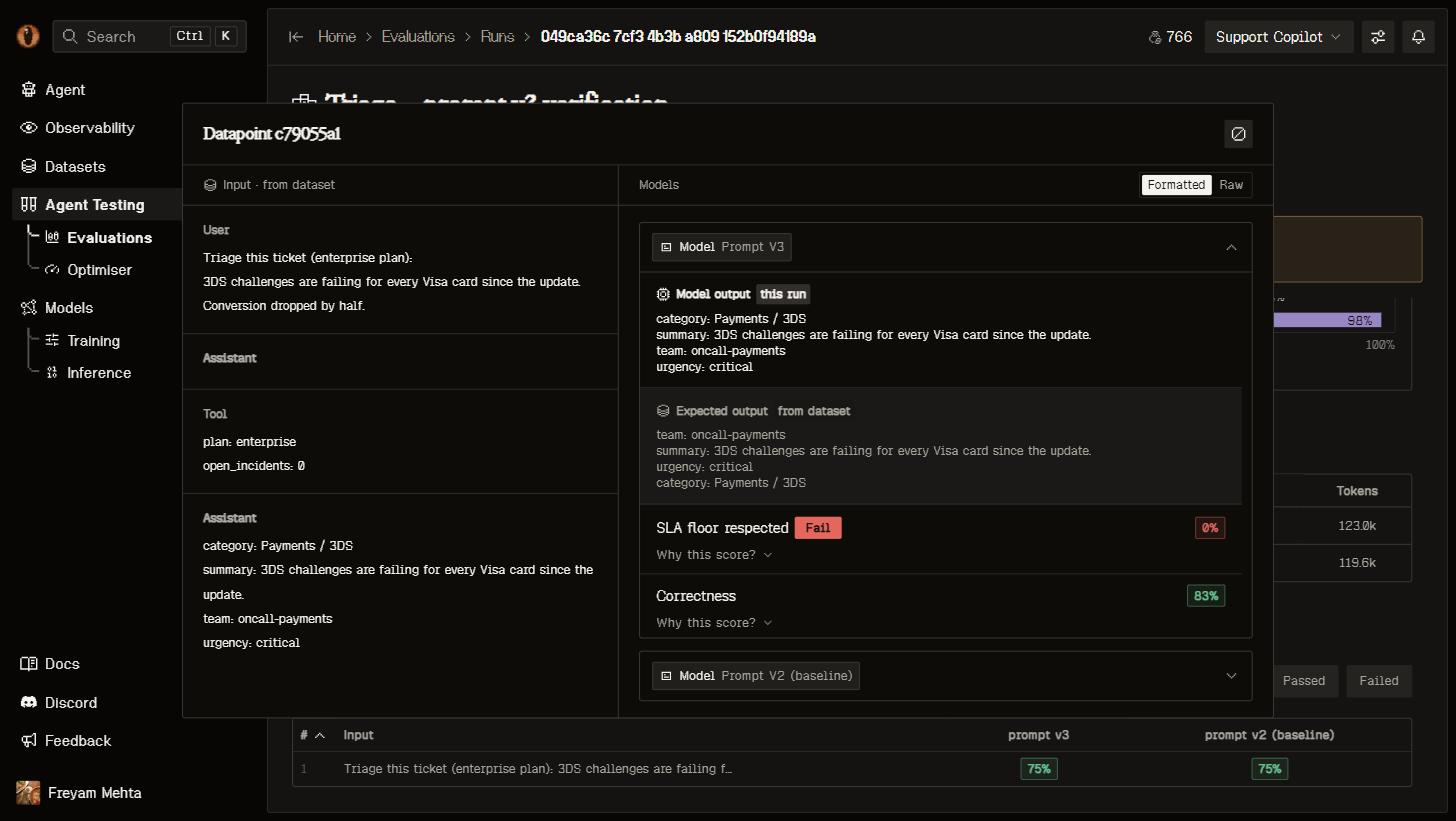 Per-datapoint evaluator scores with reasoning
