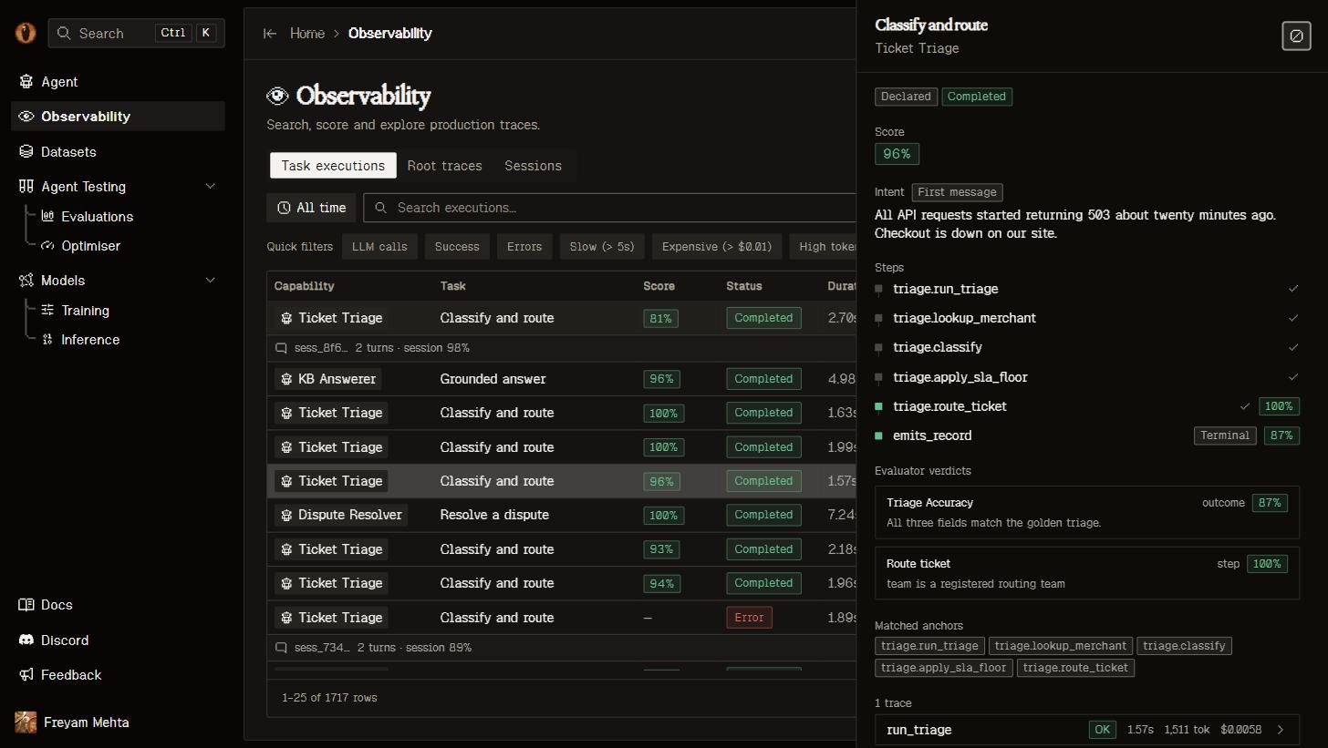 Task execution detail sheet with route and verdicts