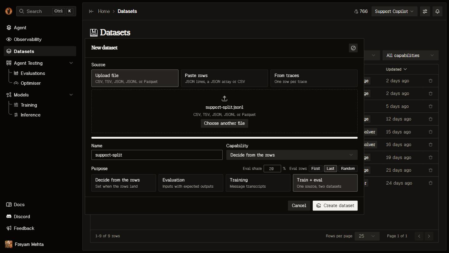 New dataset dialog with the Train + eval purpose selected