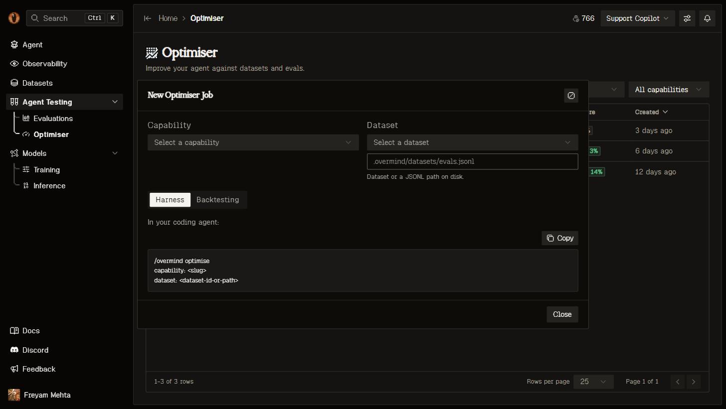 New optimiser run dialog with Harness and Backtesting tabs