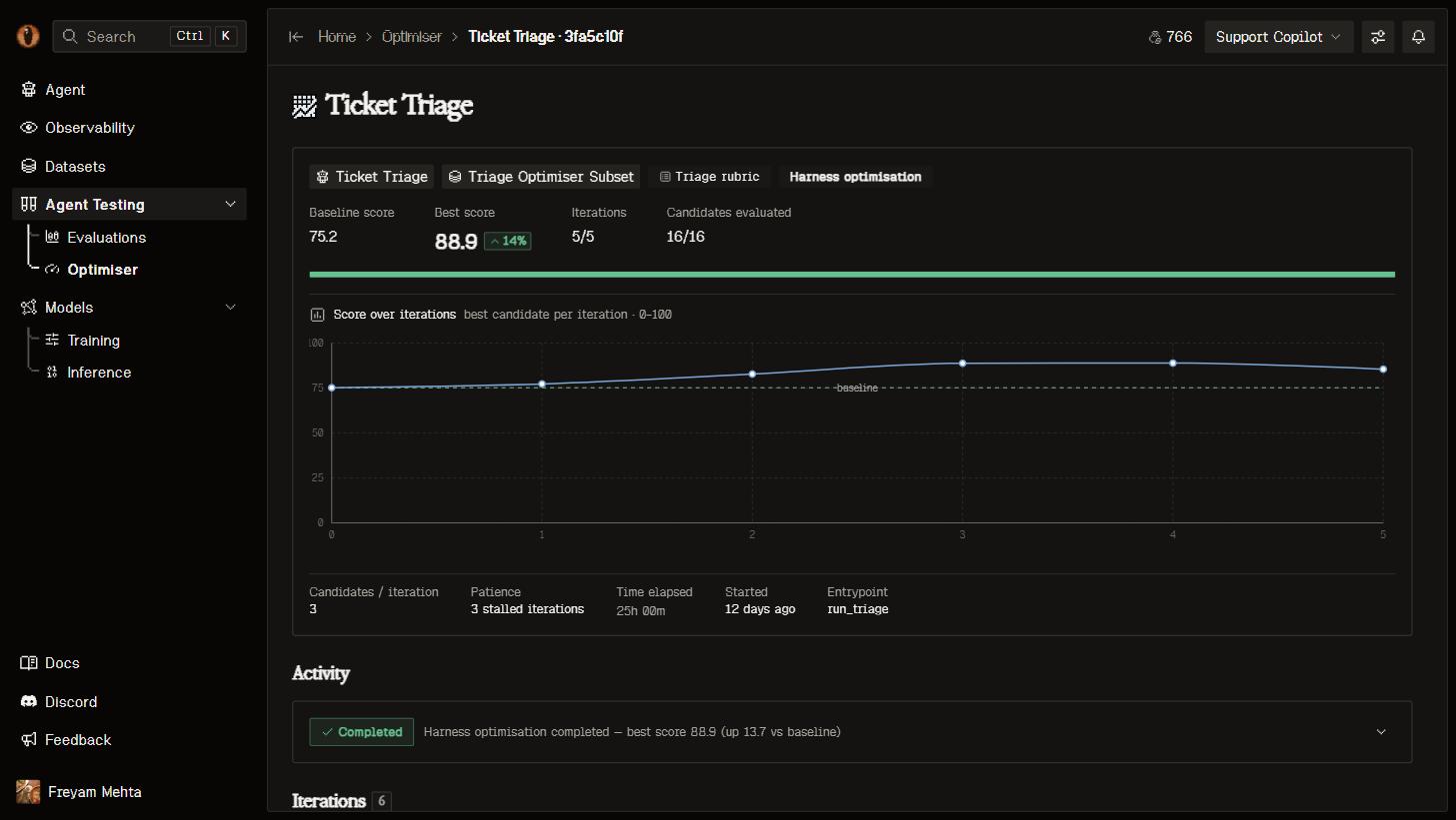 Optimiser run page with score chart