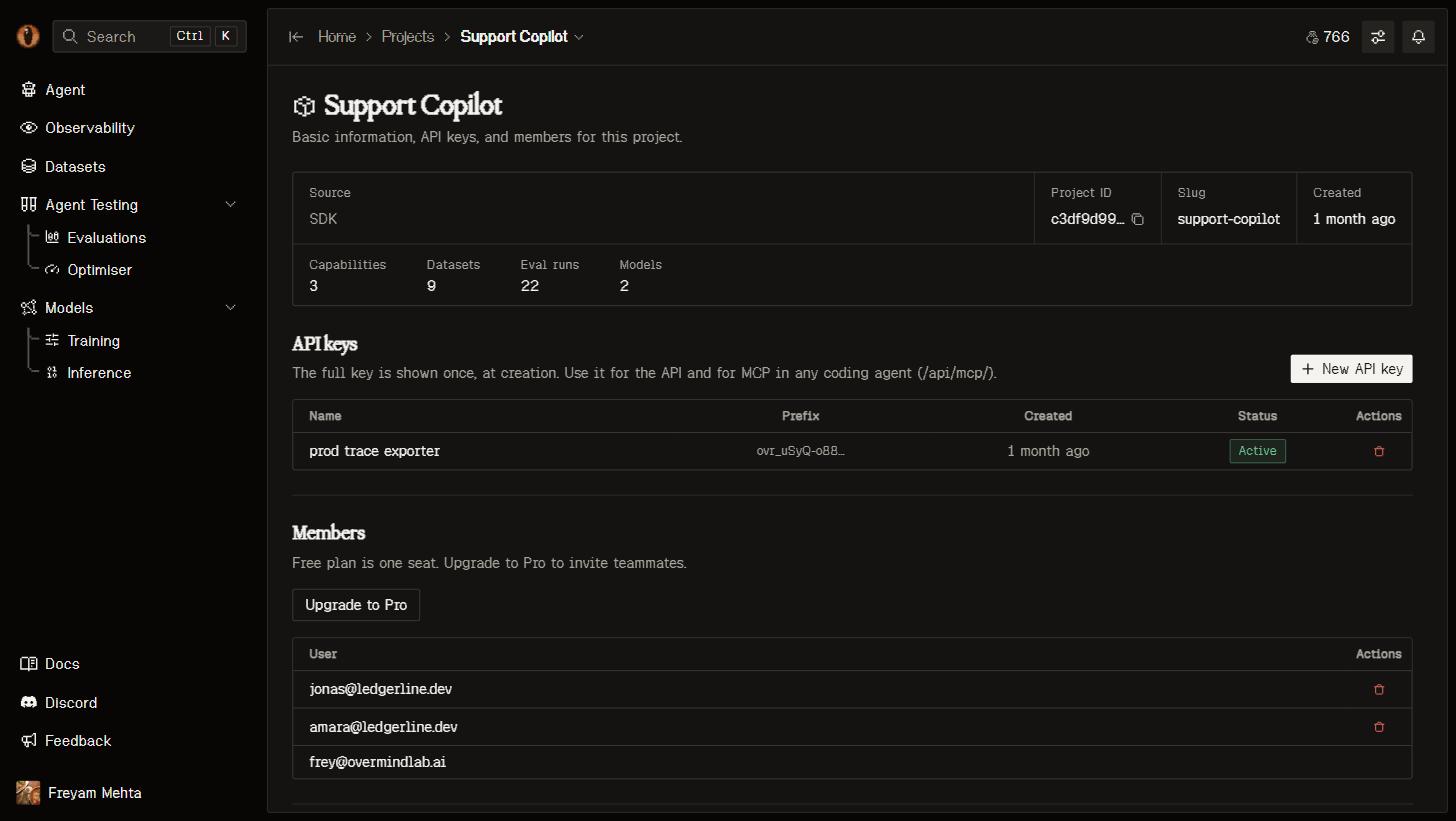 Project page with the API keys table