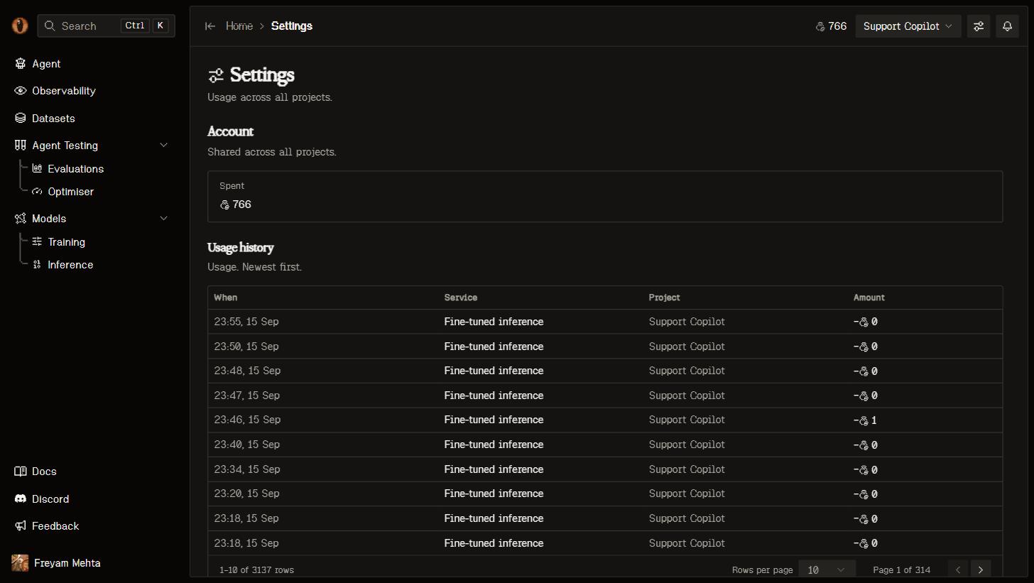 Settings page with credits and ledger