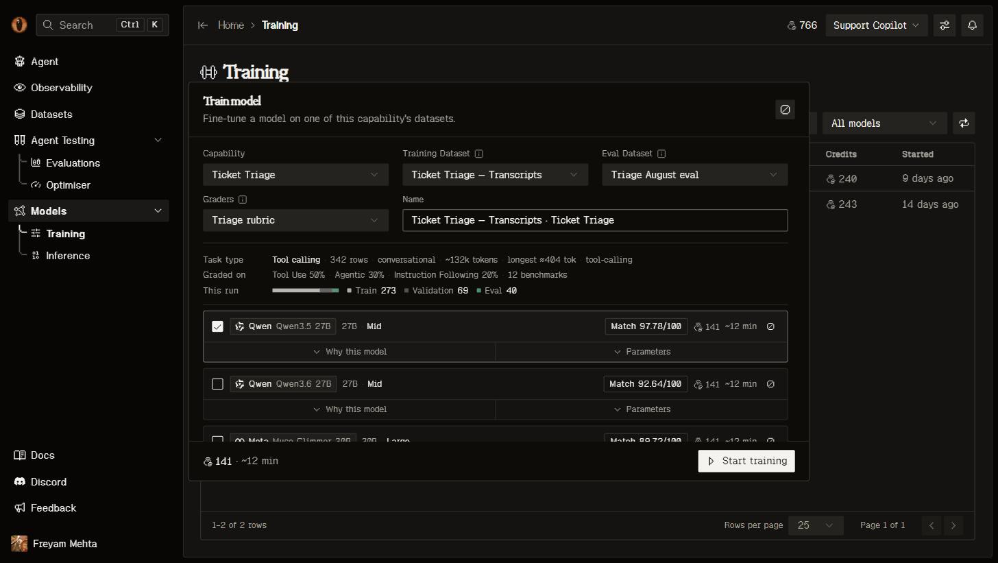 Training wizard with dataset setup and model picker