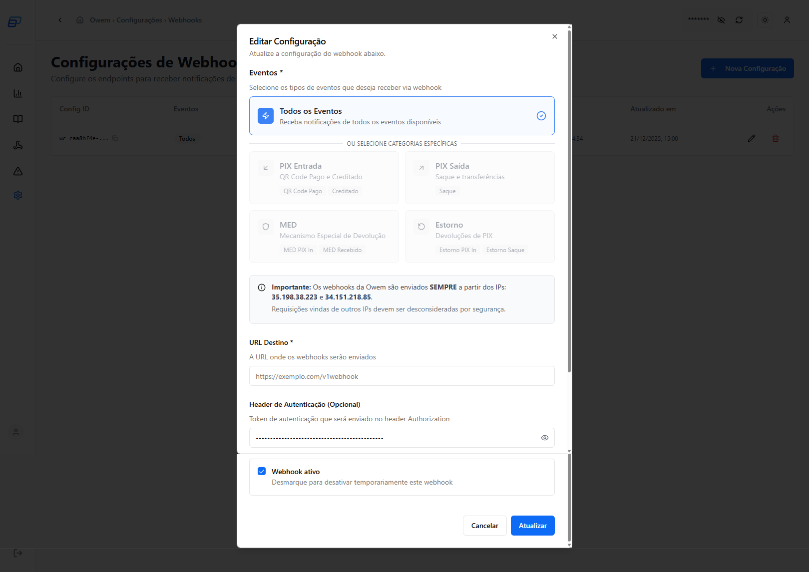 Edit webhook configuration