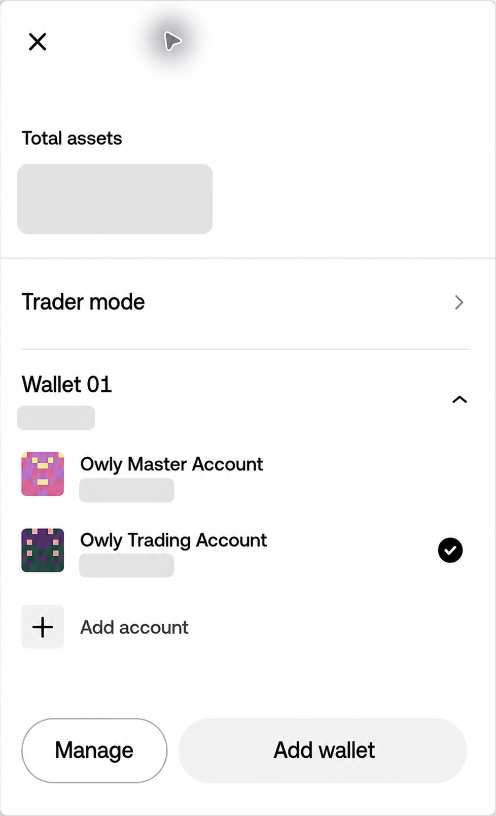 OKX Web3 钱包中已创建并命名的两个账号，余额已遮挡