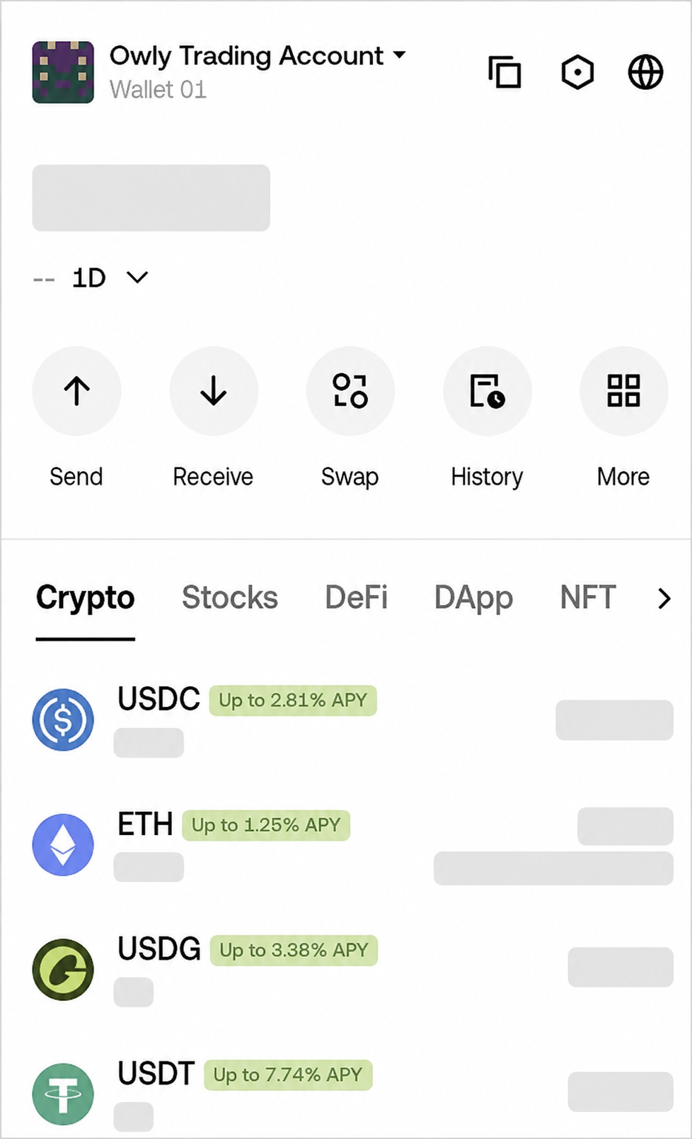 Owly 交易账户已准备 USDC 和 ETH，具体金额已遮挡