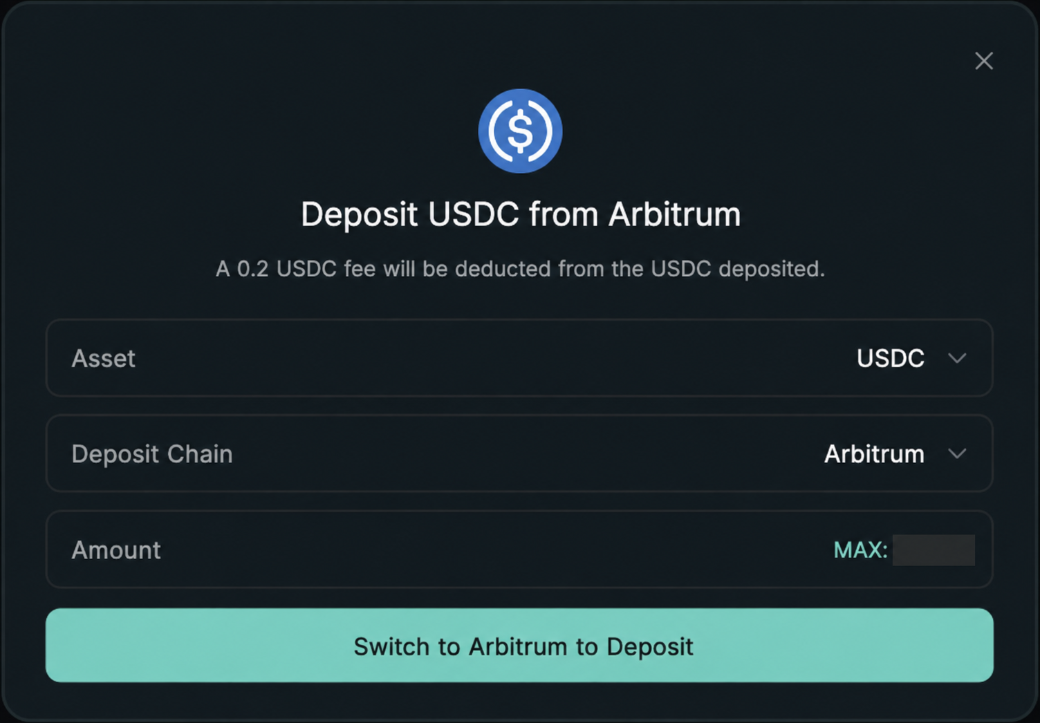 Hyperliquid 的 Arbitrum USDC 充值界面，可用余额已遮挡