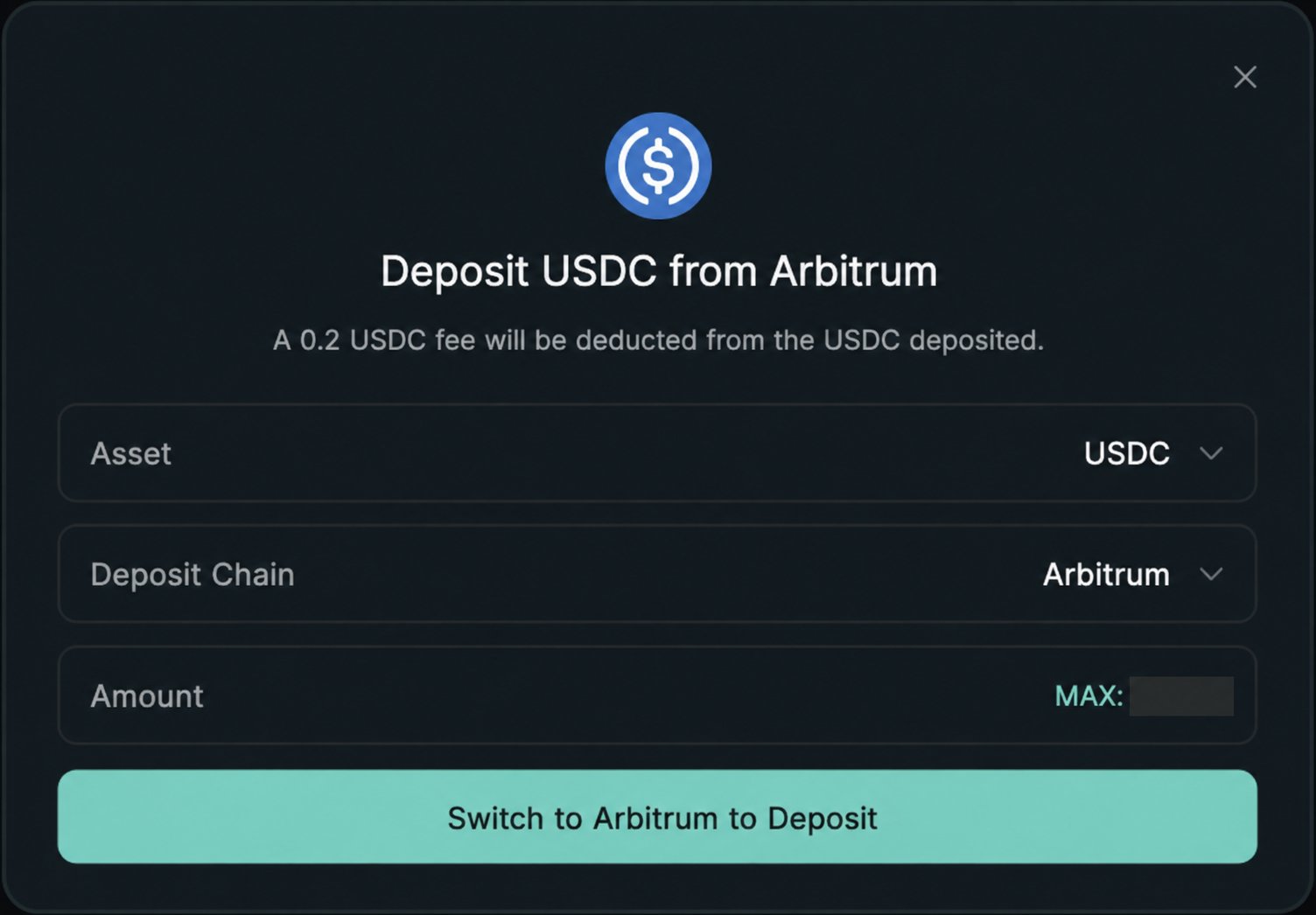Hyperliquid 的 Arbitrum USDC 充值界面,可用余额已遮挡