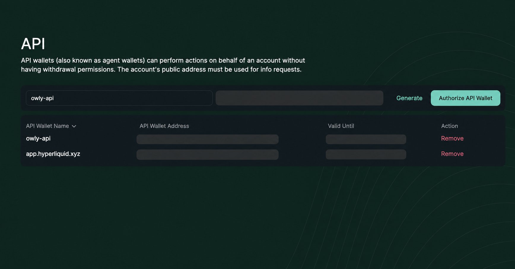 Hyperliquid 中已经授权的 owly-api,地址和有效期已遮挡