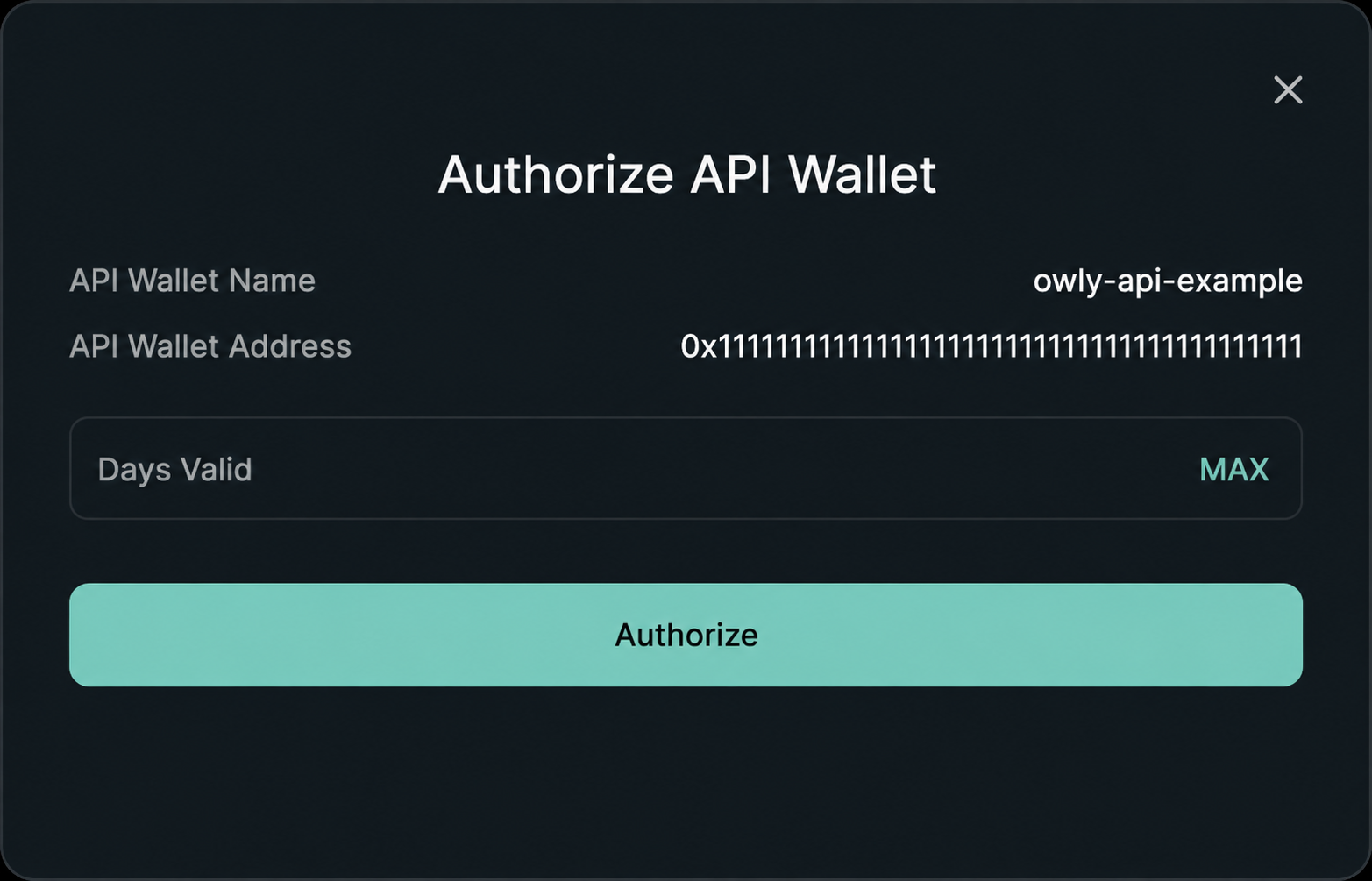 使用示例地址打开的 API 钱包授权设置