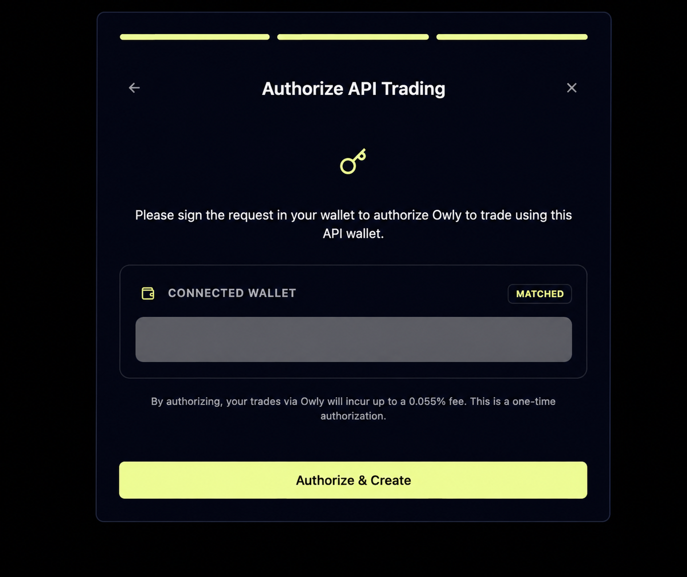 Owly 的 API 交易授权核对页，交易账户地址已遮挡