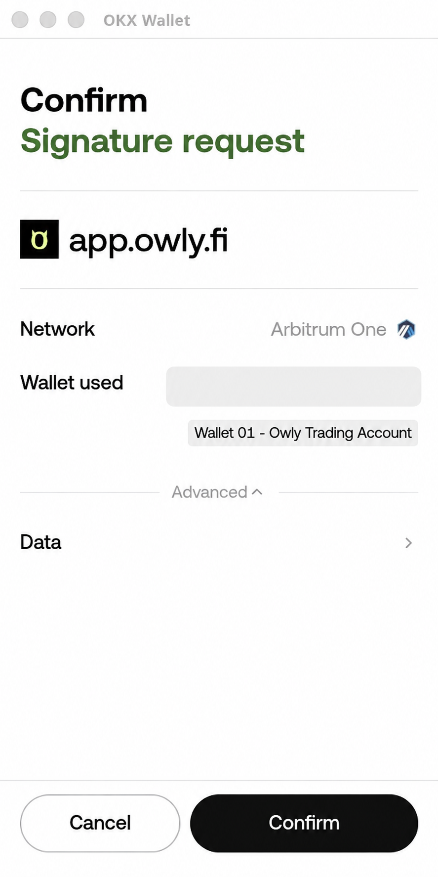 OKX Web3 钱包的 Owly 最终授权签名页，地址已遮挡