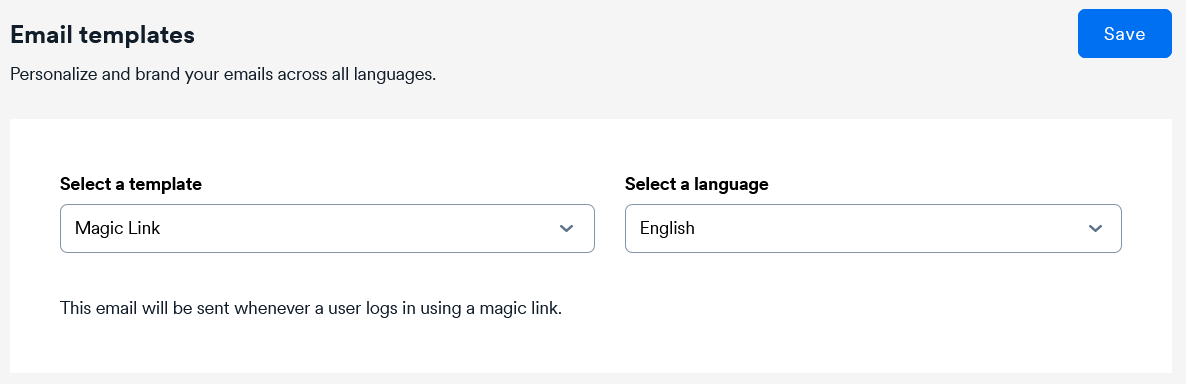 Main email templates view showing selection of template type and language