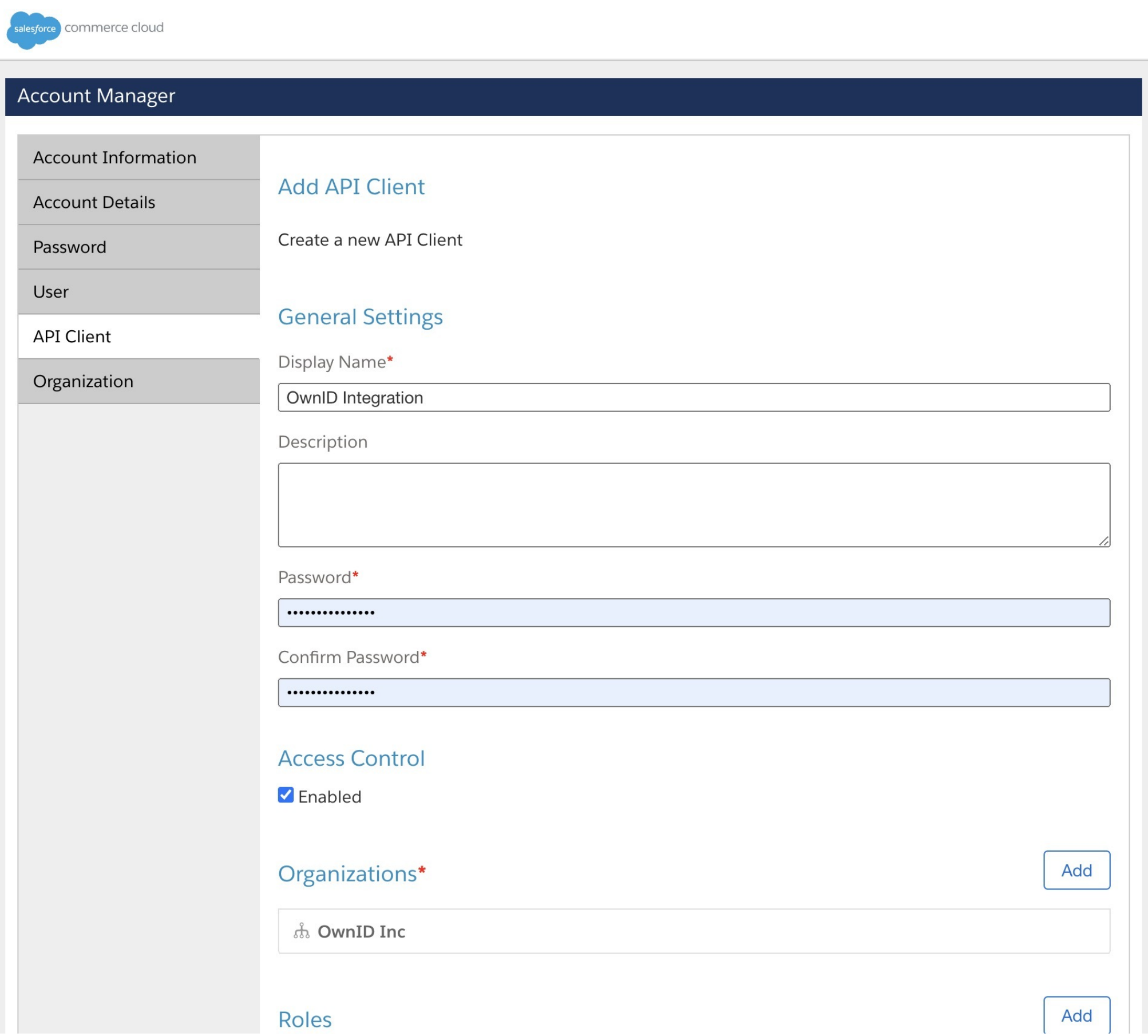 SFCC Account Manager API client setting screen