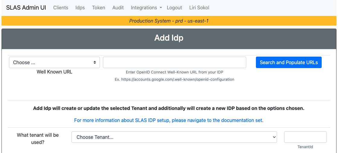 SLAS Admin UI Add Idp