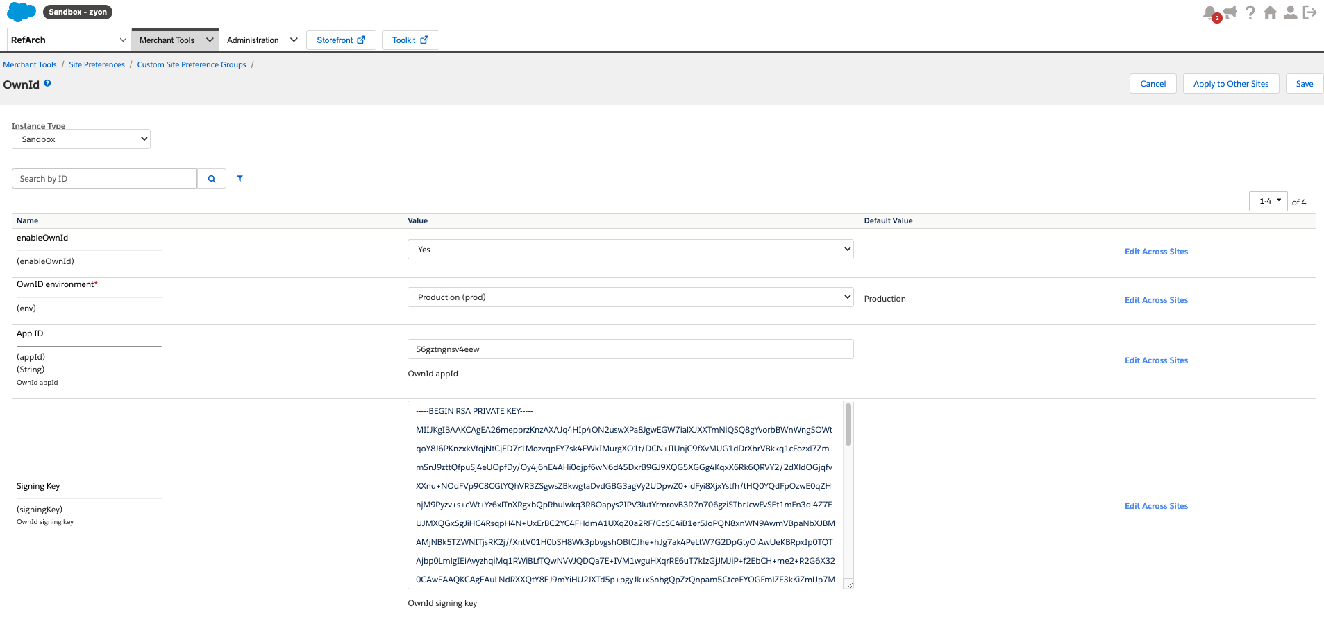 OwnID cartridge configuration page in SFCC