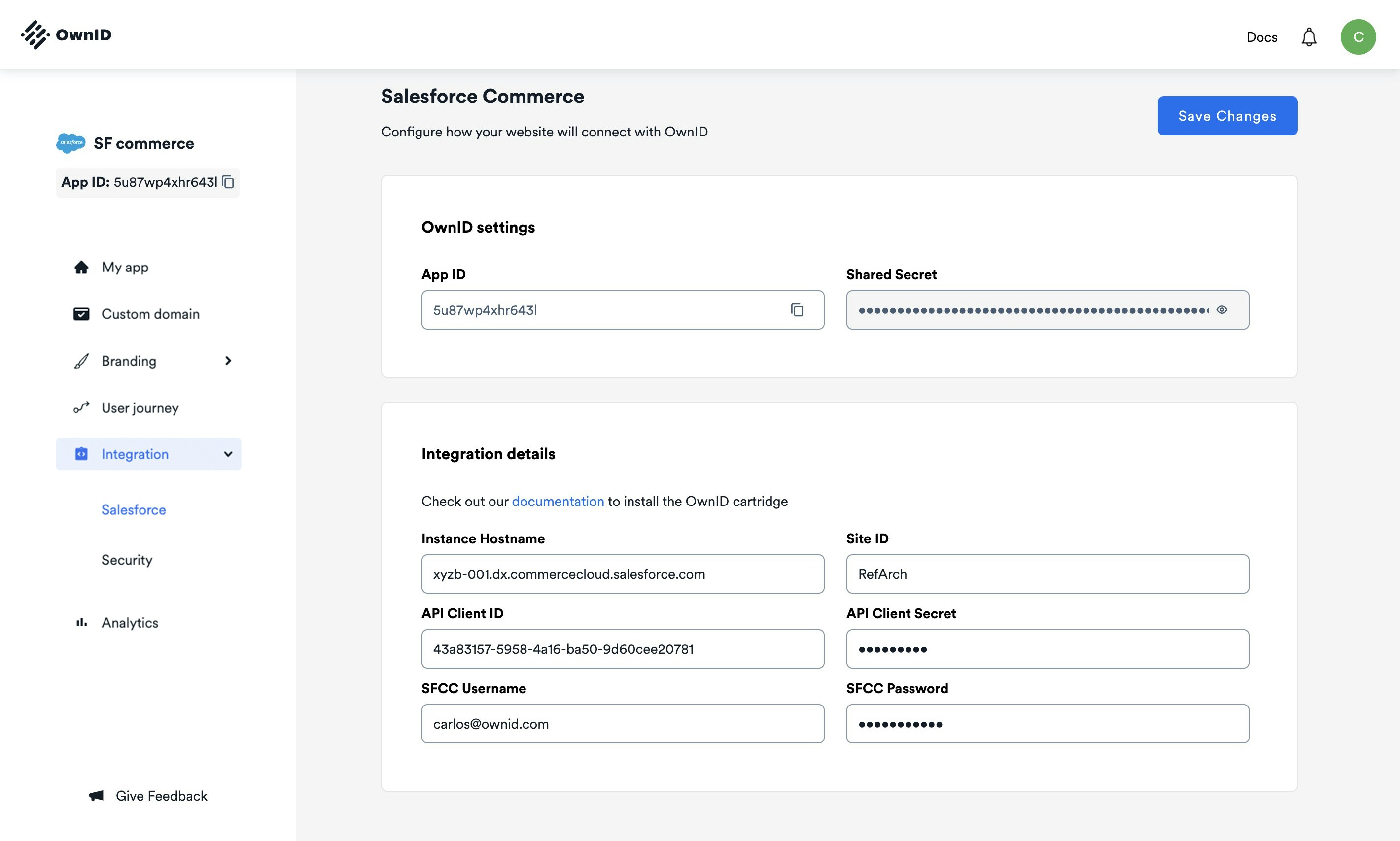 Salesforce Commerce integration page in the OwnID Console