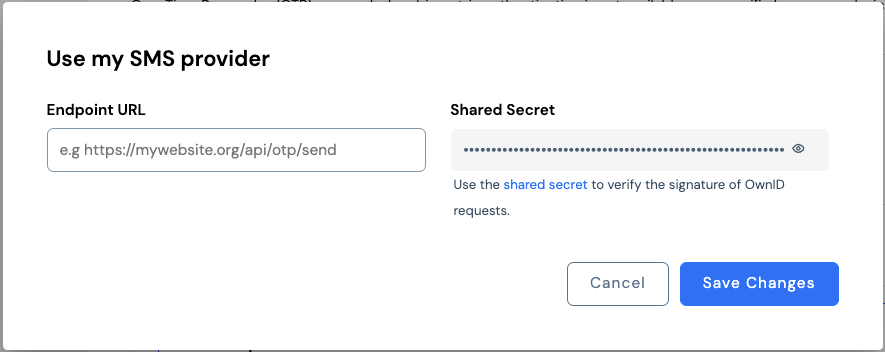 Custom SMS provider configuration form with Endpoint URL and Shared Secret fields