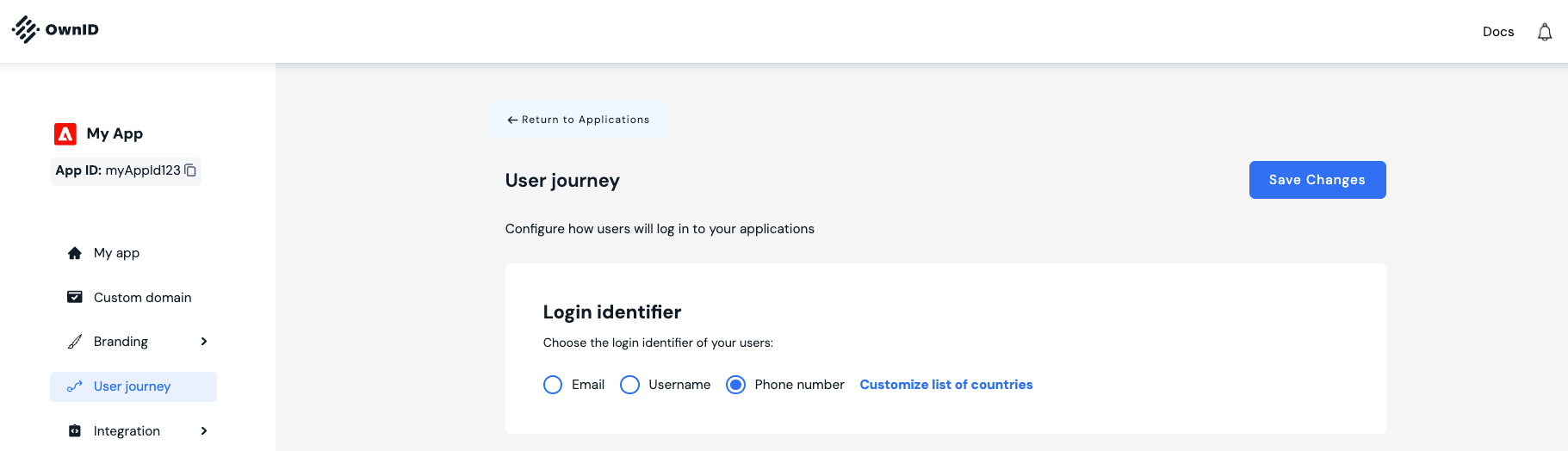 Console User journey page showing Phone number selected as the login identifier and the Customize list of countries link