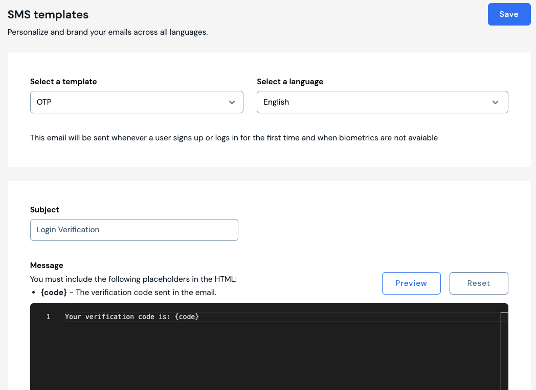 SMS templates page with OTP template, language selector, subject, message editor, preview, and reset controls