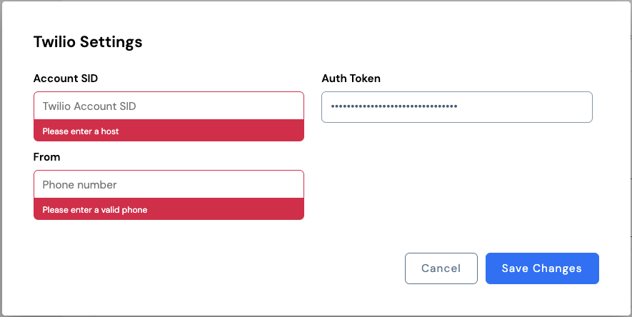 Twilio Settings form with Account SID, Auth Token, and From phone number fields
