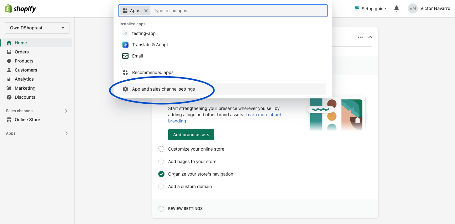 Shopify Customer Accounts setting screen with App and Sales channel settings option