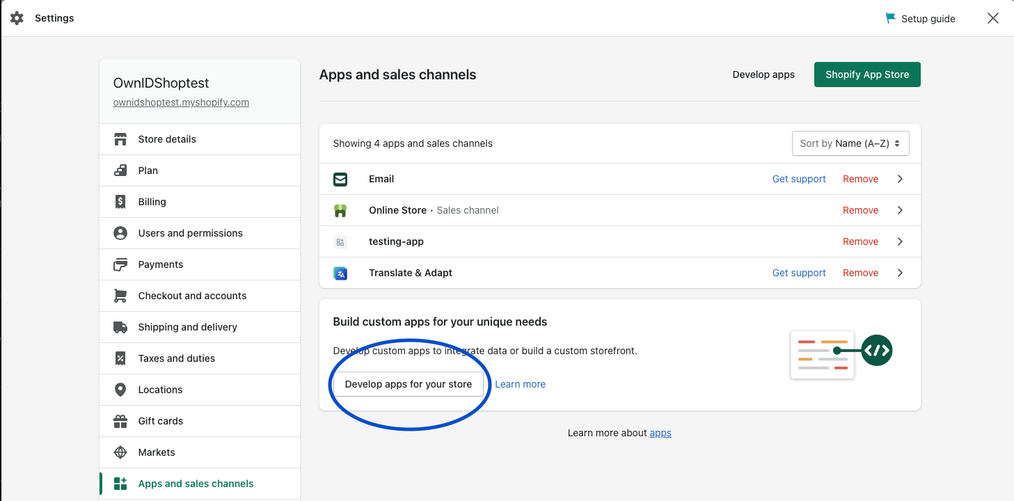 App and Sales channel settings page in Shopify with the button labelled Develop apps for your store