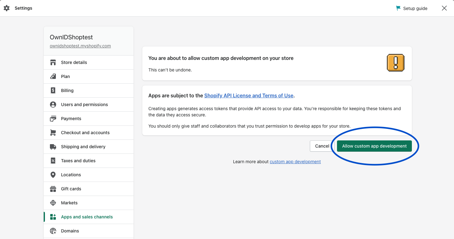 Shopify confirmation page to allow custom development with the Allow Custom App Development button shown