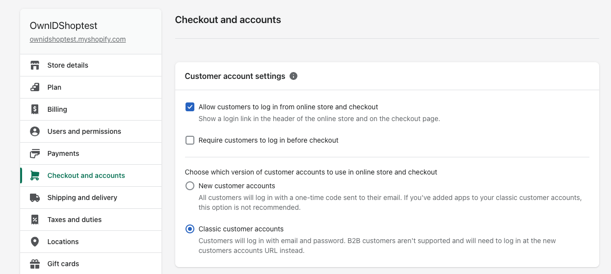 Shopify Checkout and accounts configuration screen showing the selection of the option to Allow customers to log in from the online store and checkout