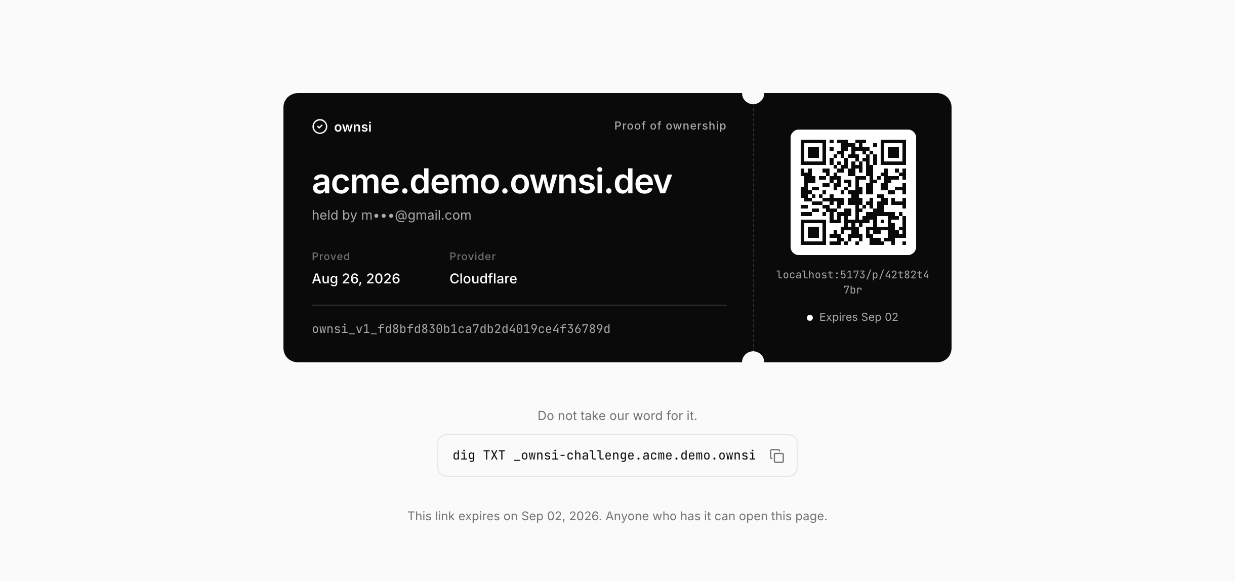 A published ownsi proof page showing the domain acme.demo.ownsi.dev, the masked account that holds it, the date it was proved, the provider, the token, a QR code, and the dig command that reads the same record.
