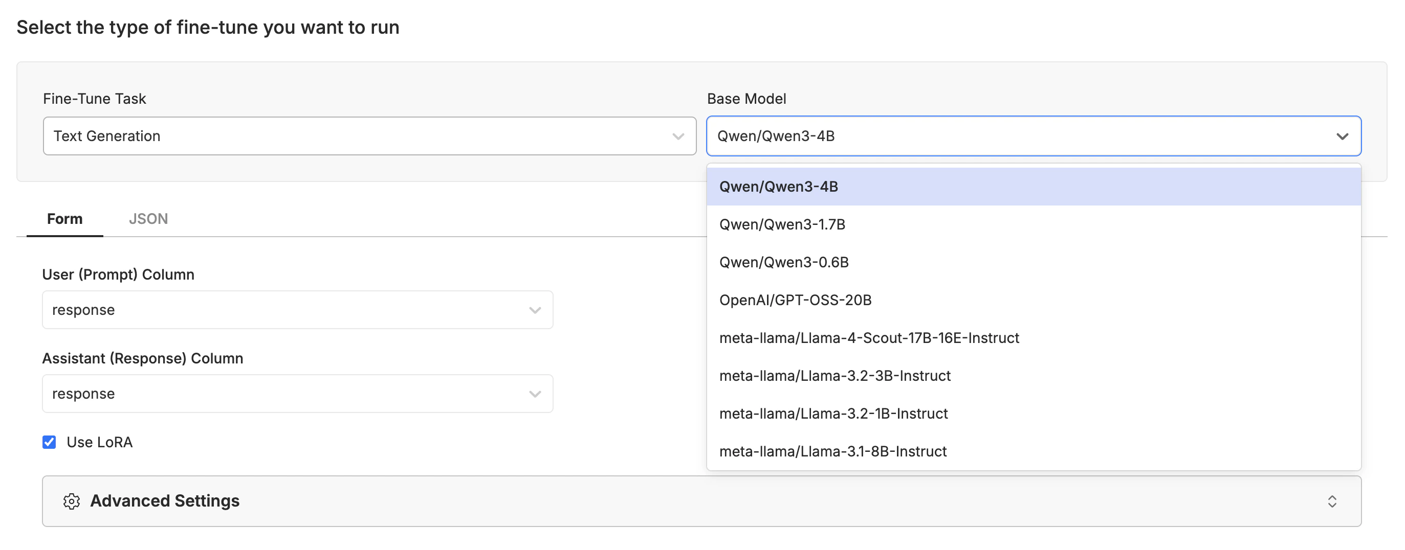 Fine-Tuning Model Selection