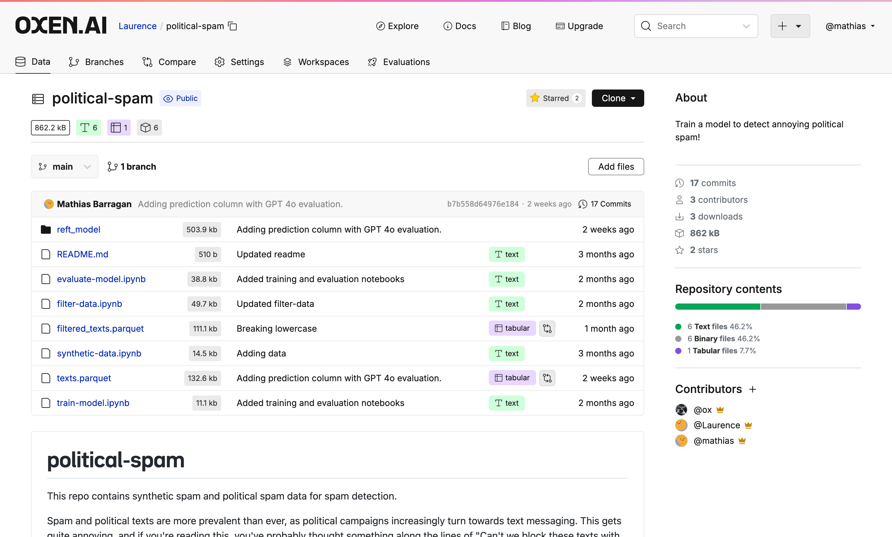 Oxen.ai Spam Repo