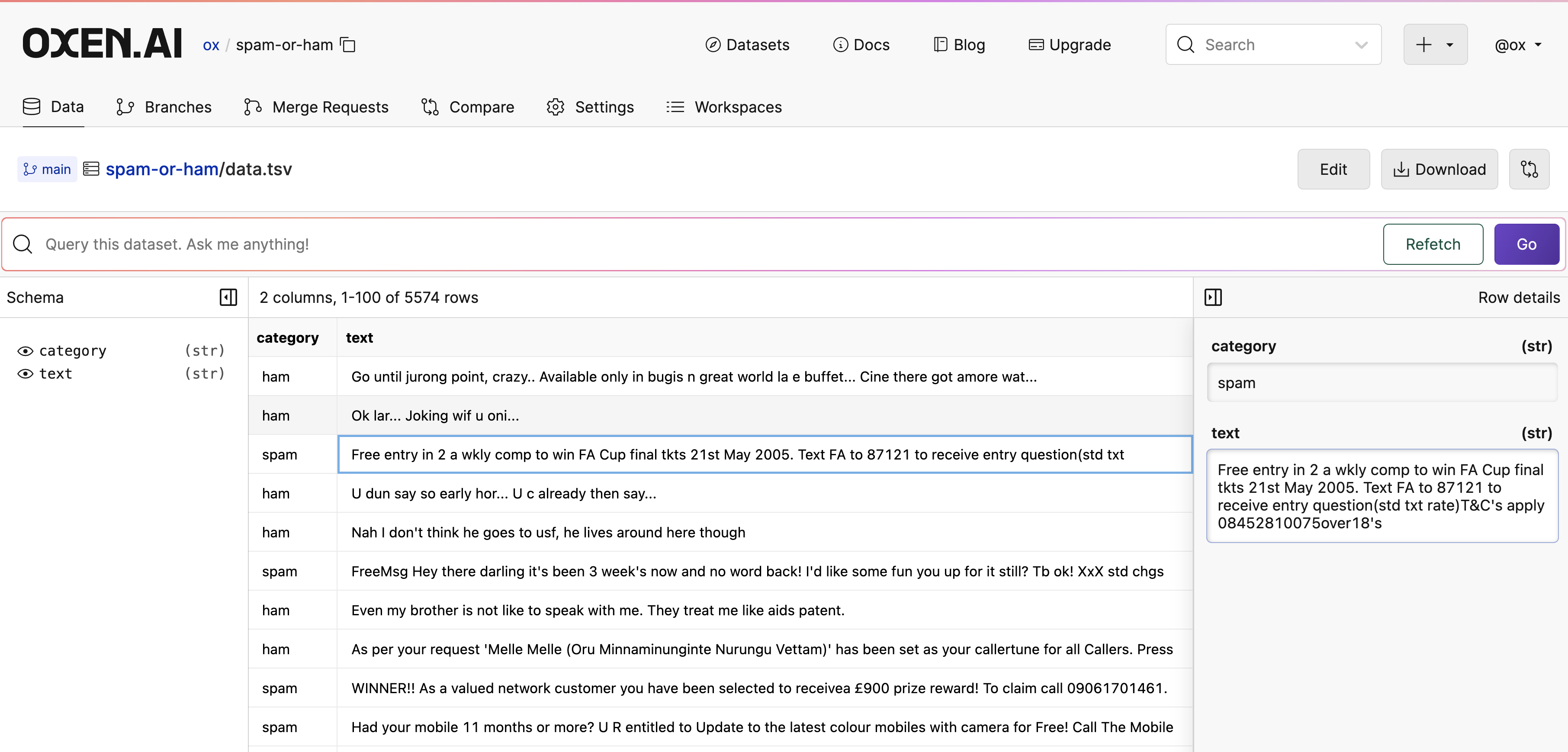 Spam or Ham Data Frame