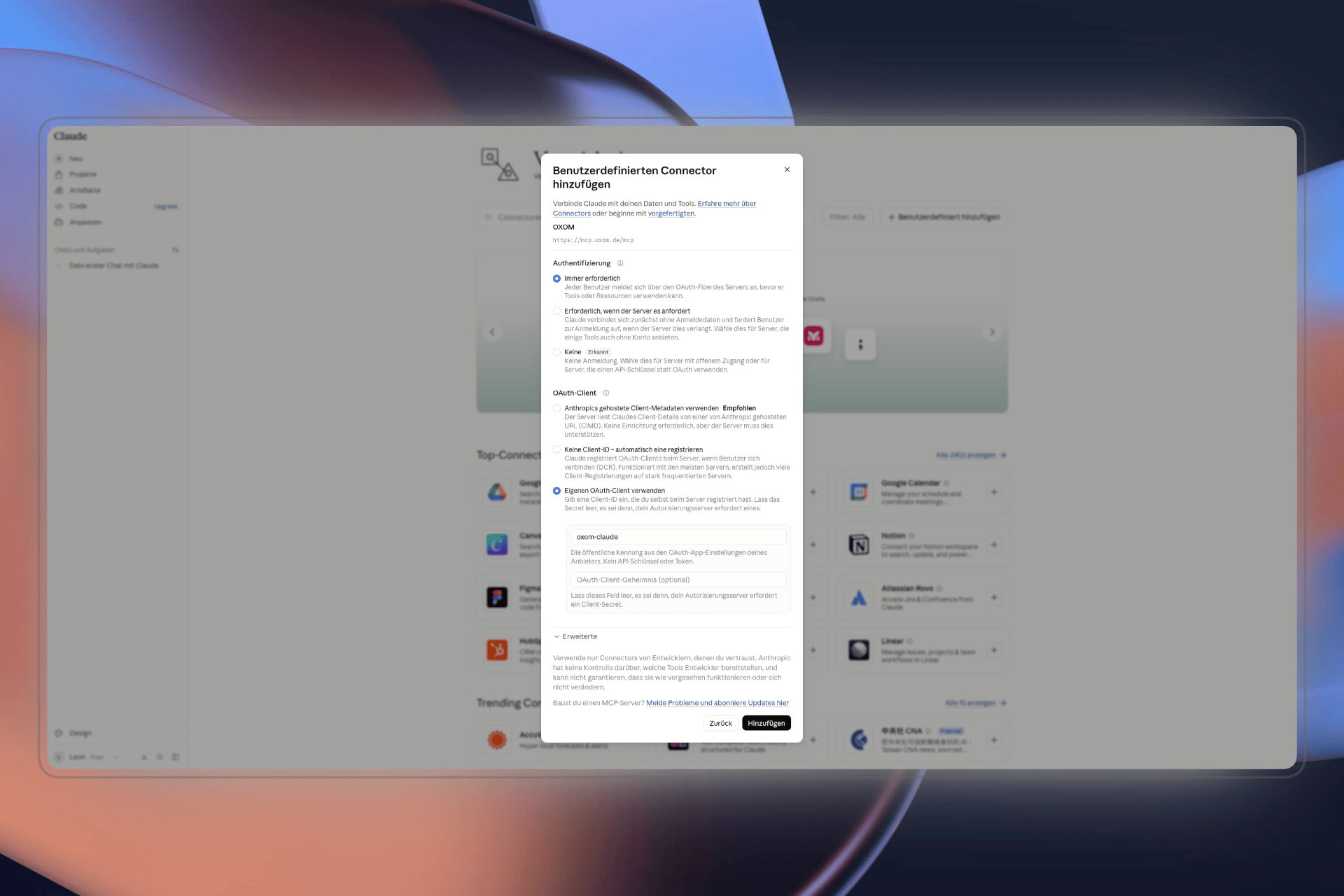 OAuth-Einstellungen im Claude-Dialog