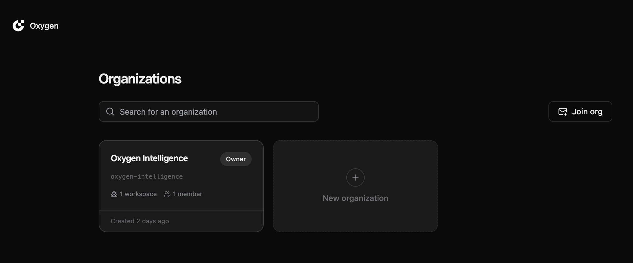 Organizations list with search and create options