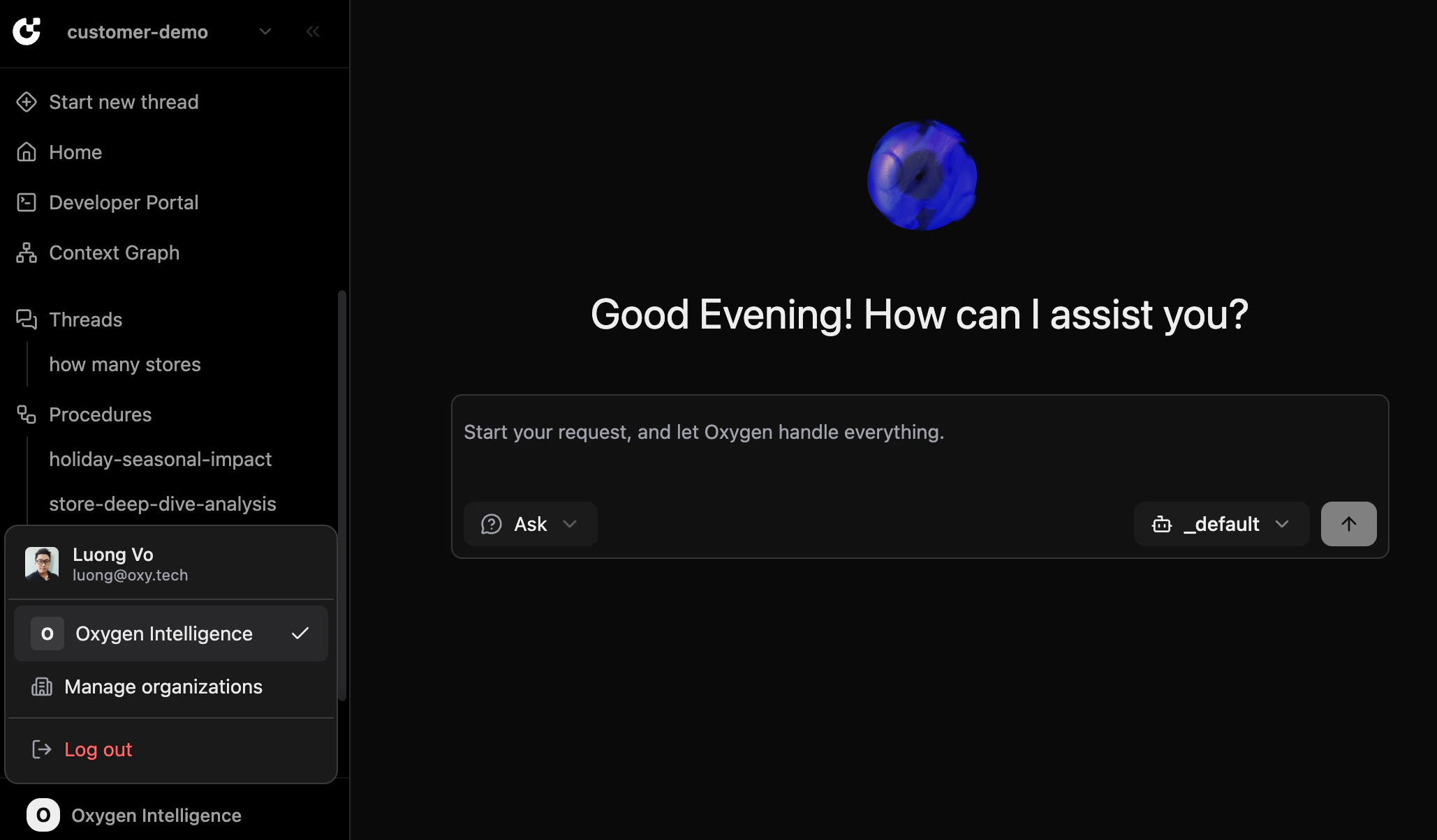 Organization switcher in the sidebar user menu
