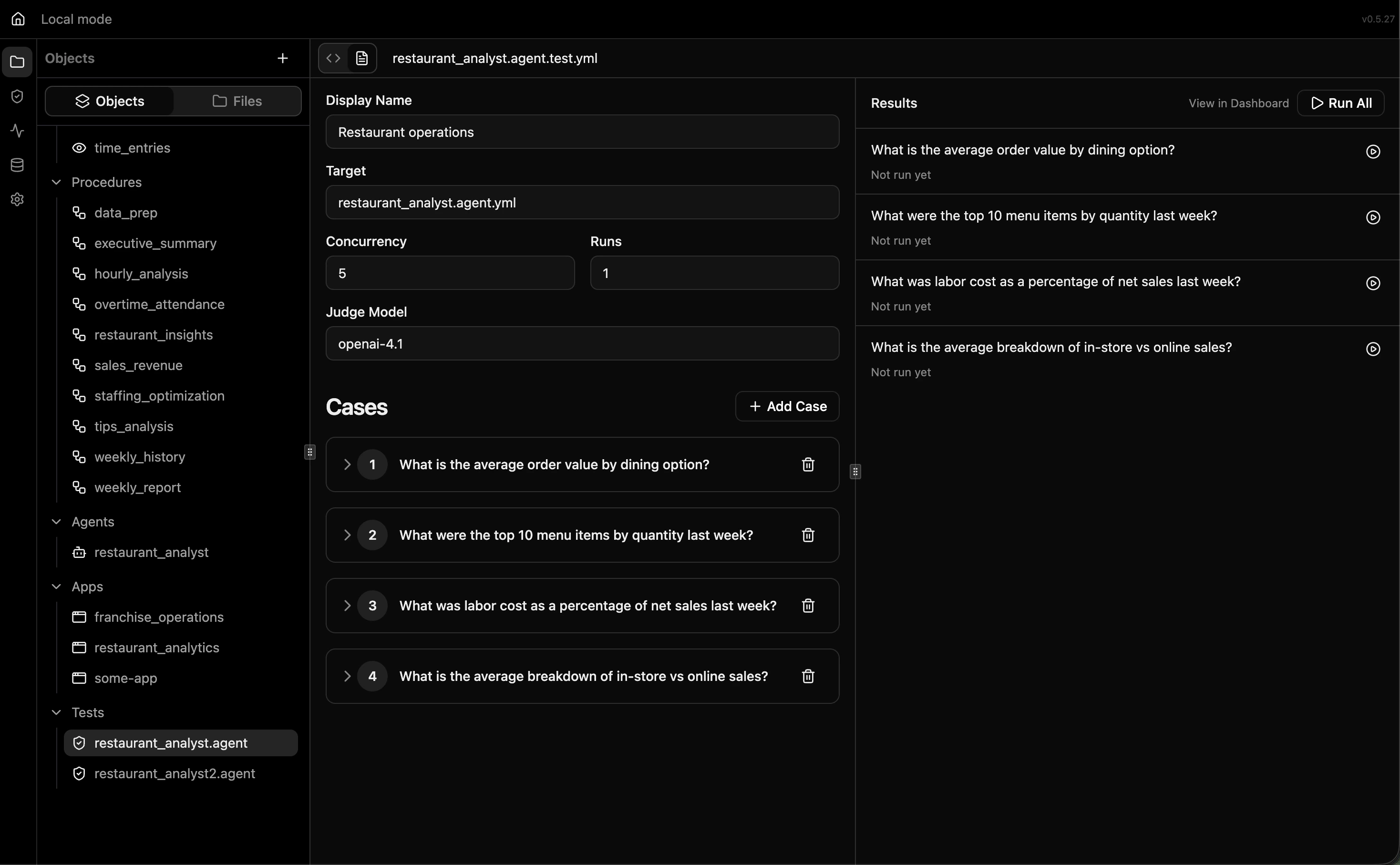 Test file browser showing objects, procedures, and test cases