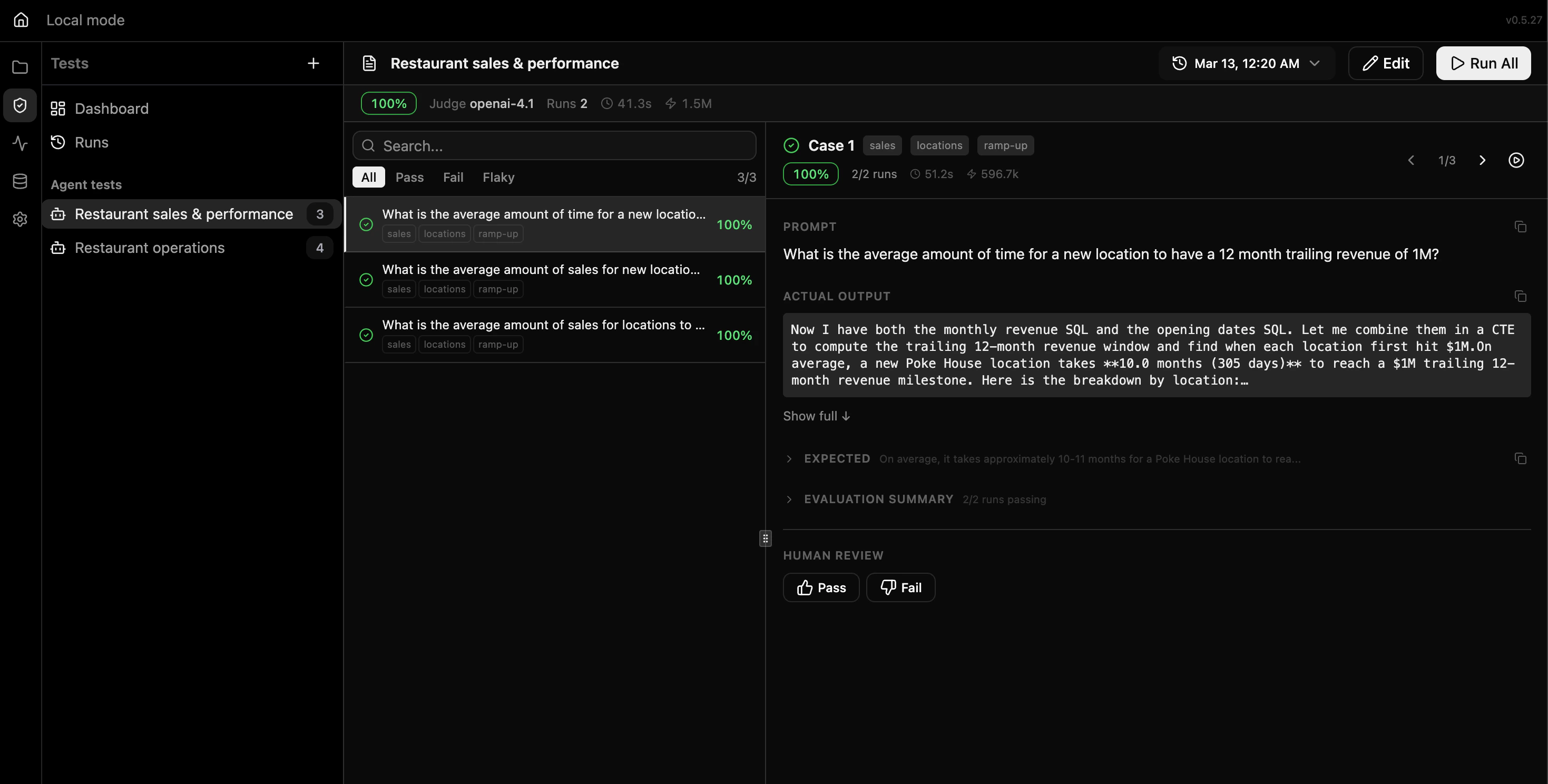 Test case detail with prompt, actual output, and human review Pass/Fail controls