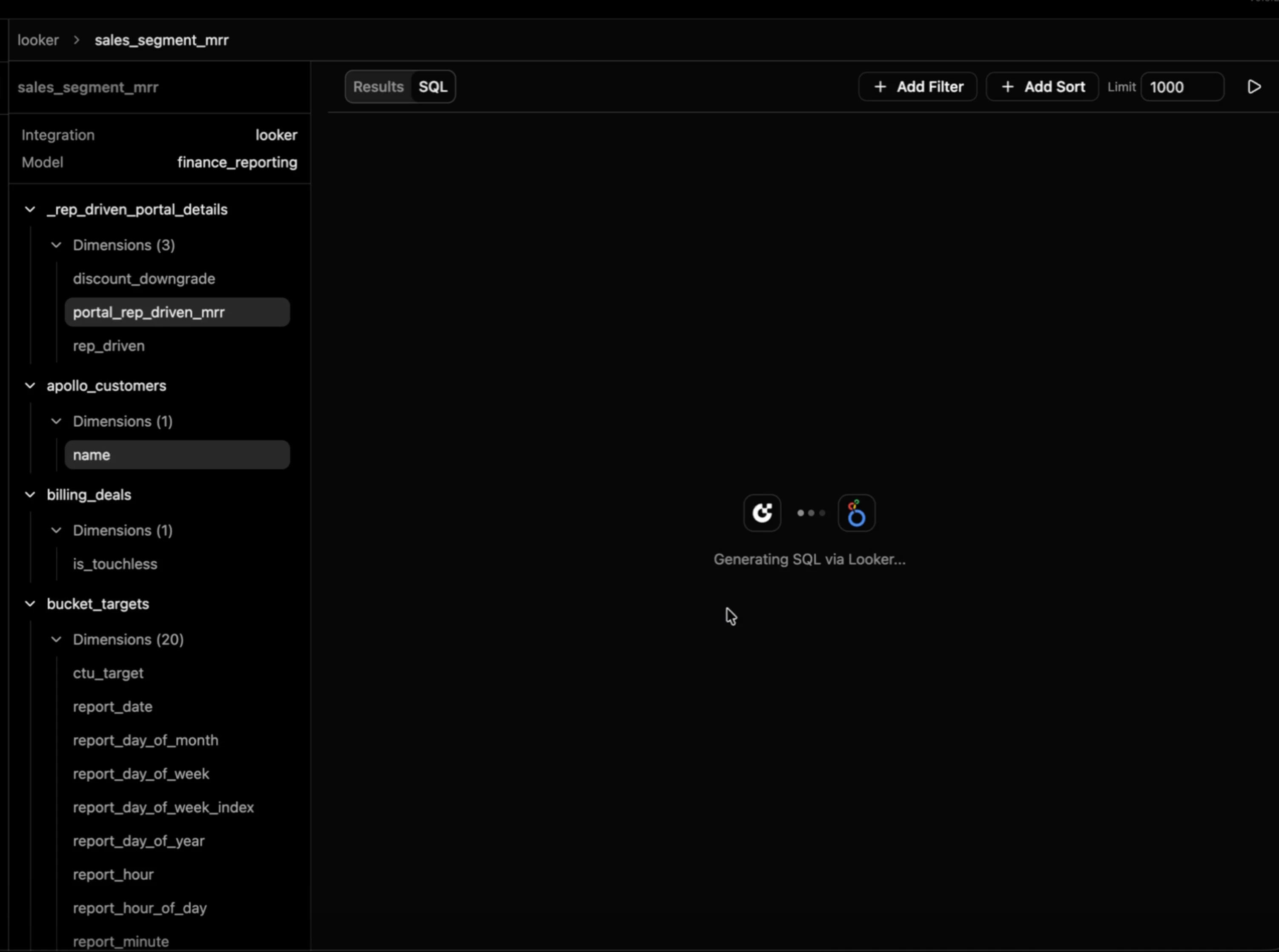 Looker Explore in the Dev Portal showing dimensions browser and SQL compilation