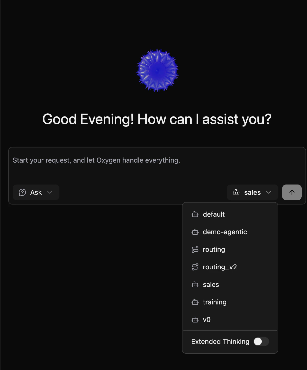 Thinking budget toggle in the agent selector dropdown