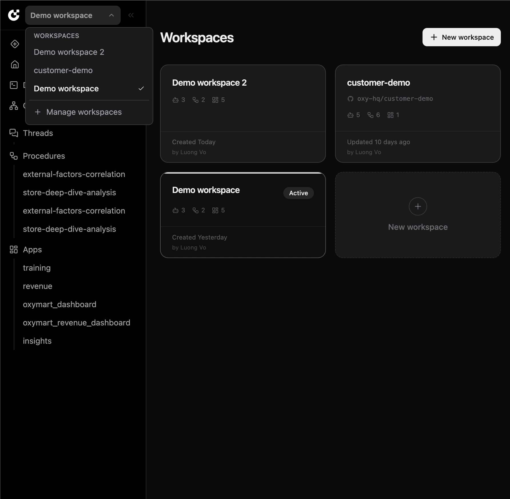 Workspaces management page showing multiple workspace cards